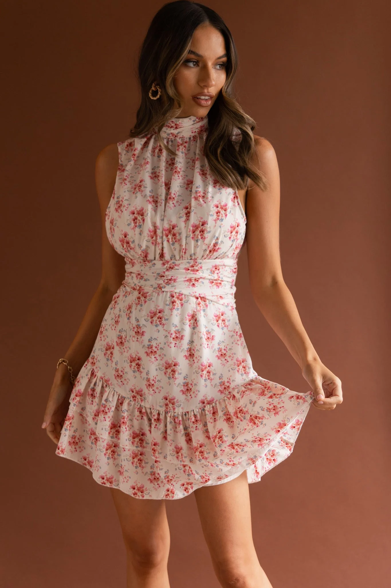 Mandalay High Neck Sleeveless Waistband Dress Vintage Floral Pink - Image 4