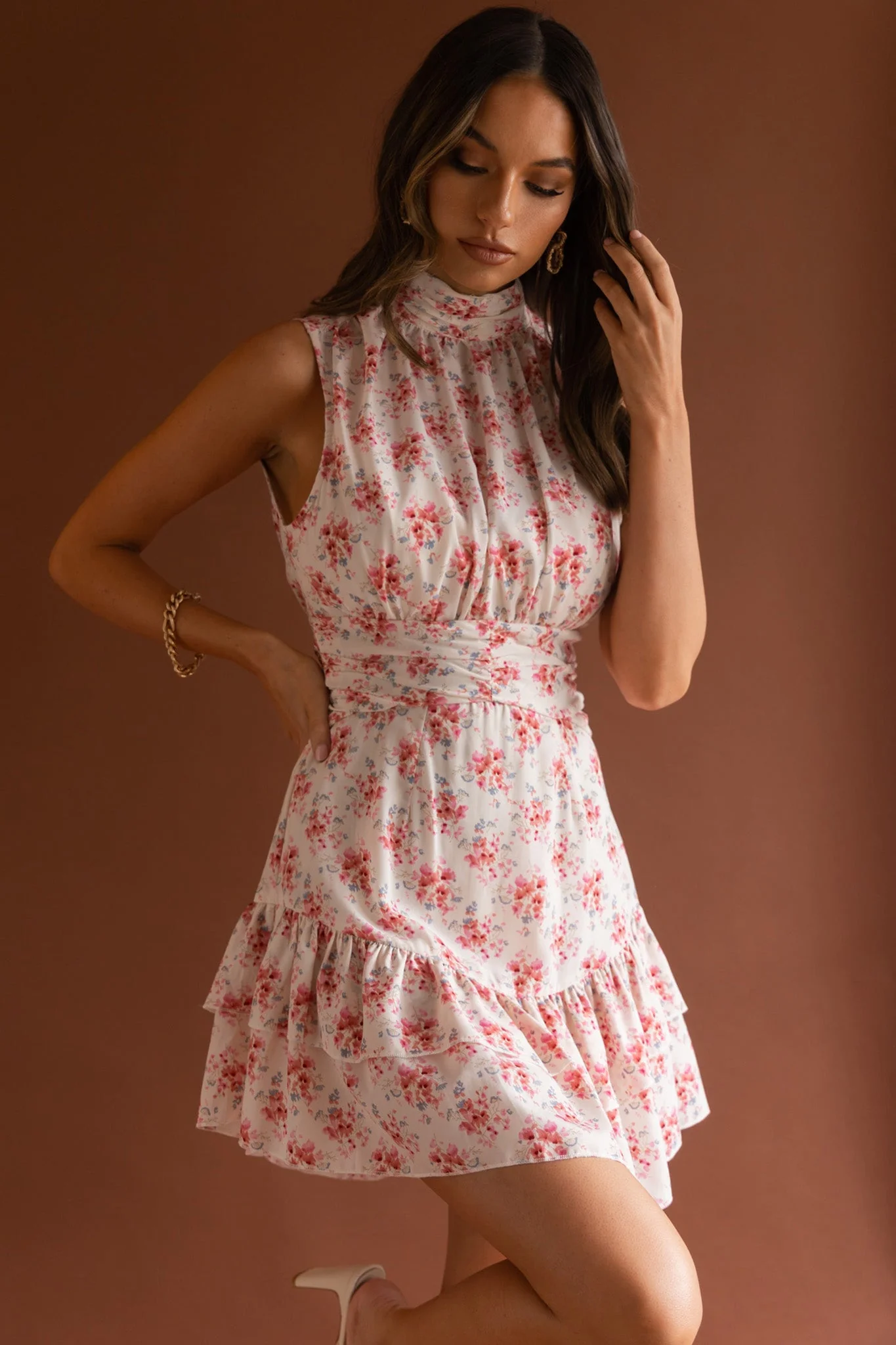 Mandalay High Neck Sleeveless Waistband Dress Vintage Floral Pink - Image 5