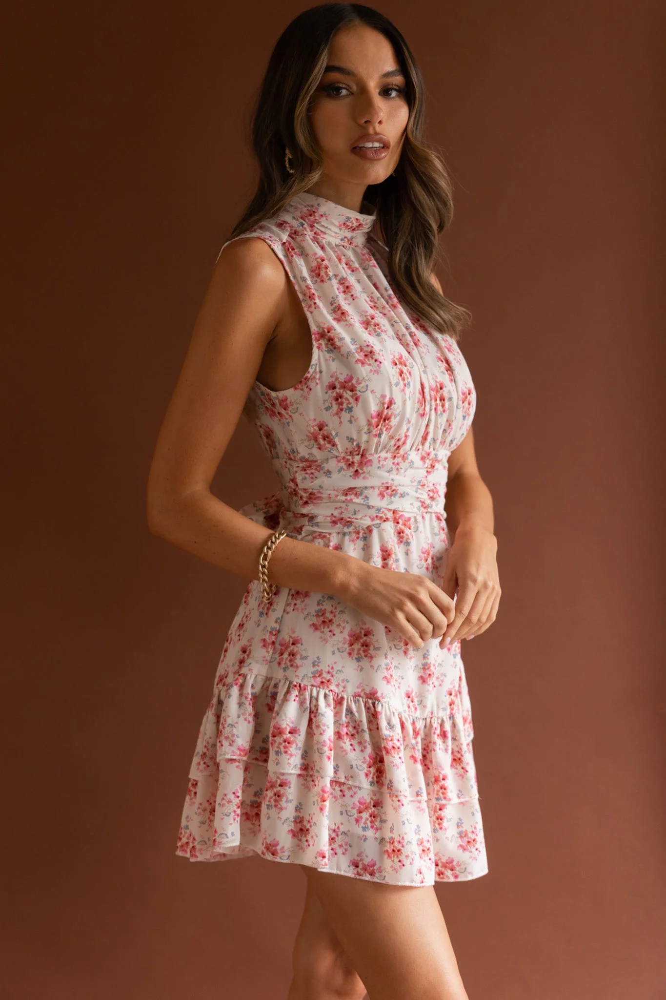 Mandalay High Neck Sleeveless Waistband Dress Vintage Floral Pink - Image 6