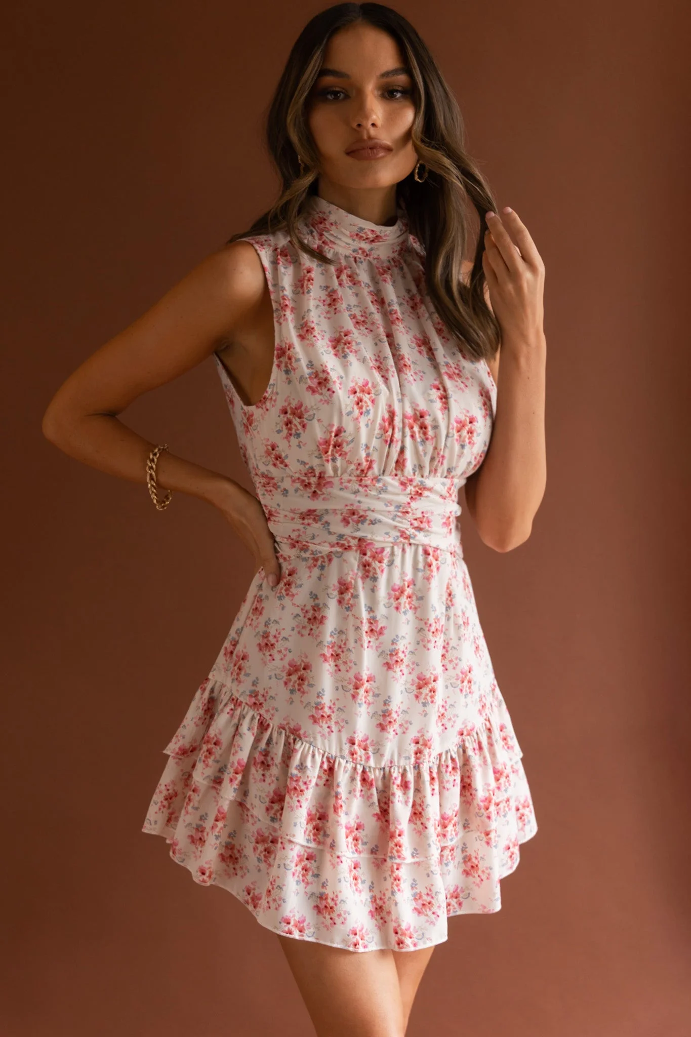 Mandalay High Neck Sleeveless Waistband Dress Vintage Floral Pink - Image 7