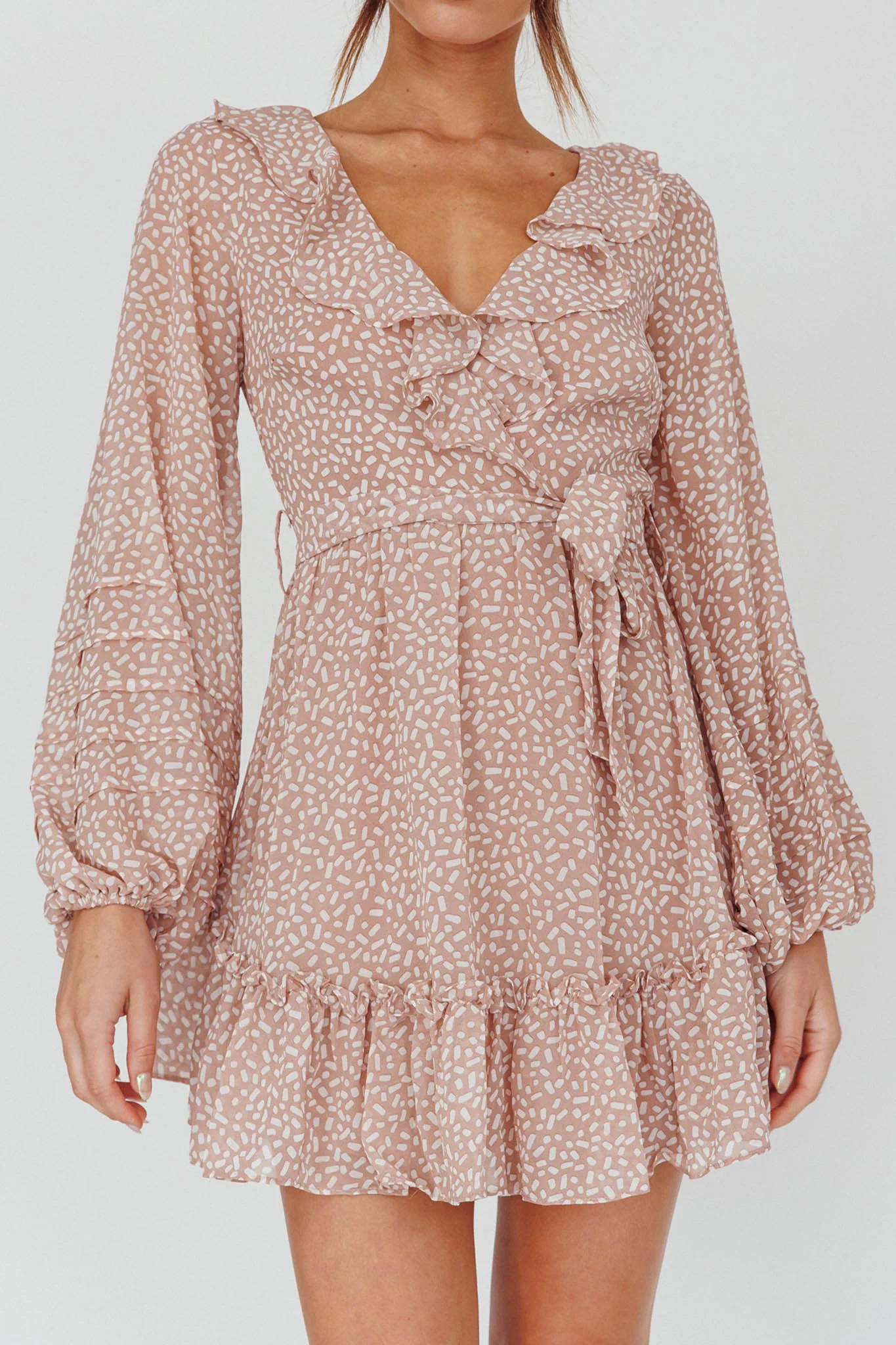 Marcheline Balloon Sleeve Waist Tie Dress Sprinkle Print Pink - Image 4