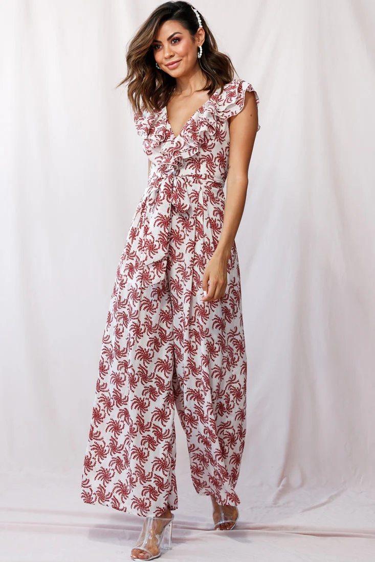 Marcia Ruffle Strap Wide Leg Jumpsuit Floral Print Beige - Image 2