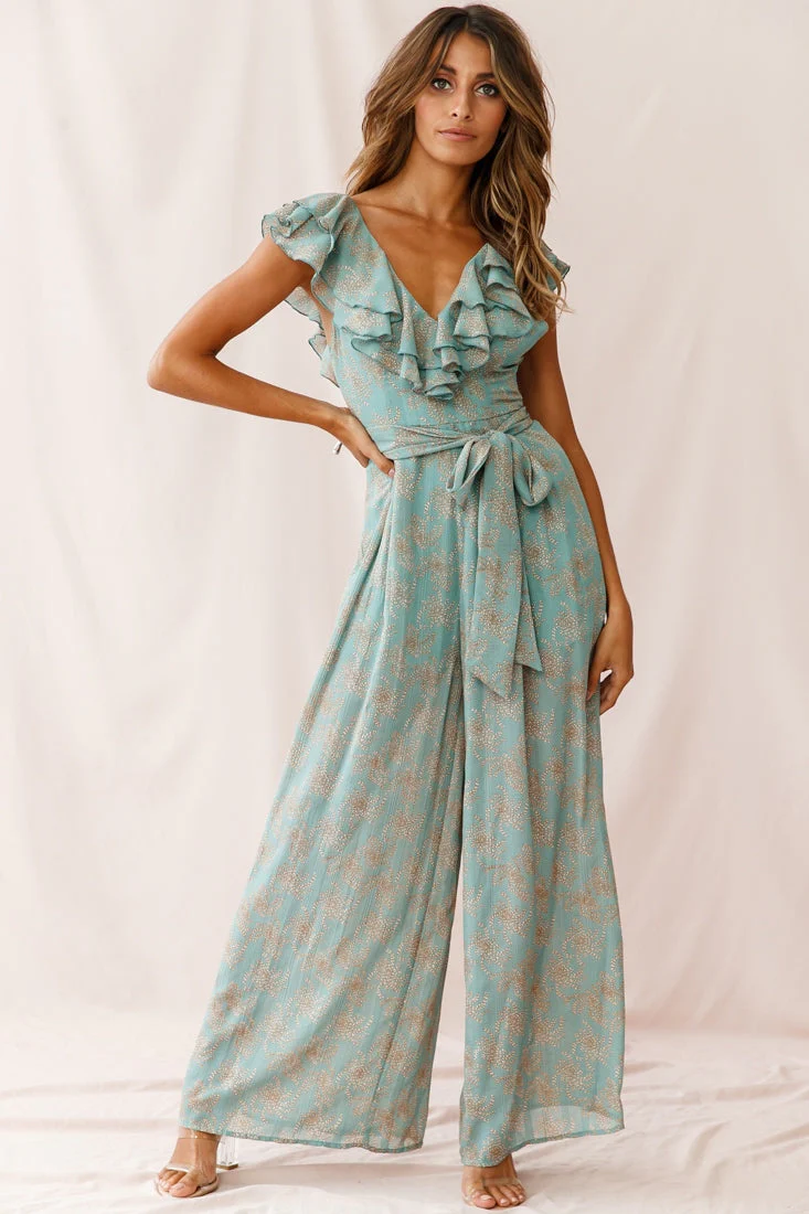 Marcia Ruffle Strap Wide Leg Jumpsuit Floral Print Sage - Image 2