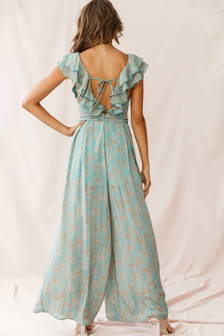 Marcia Ruffle Strap Wide Leg Jumpsuit Floral Print Sage - Image 3