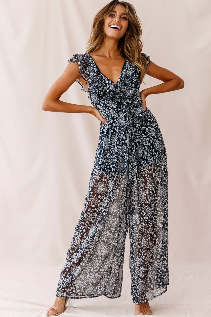 Marcia Ruffle Strap Wide Leg Jumpsuit Navy/White