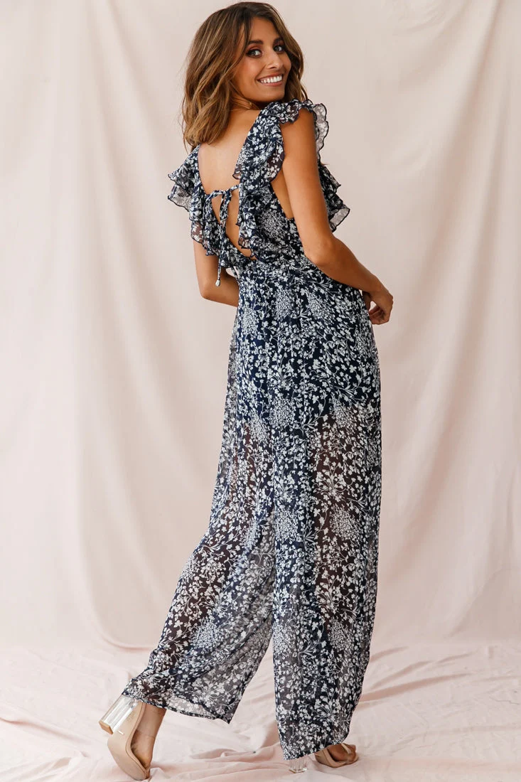 Marcia Ruffle Strap Wide Leg Jumpsuit Navy/White - Image 4