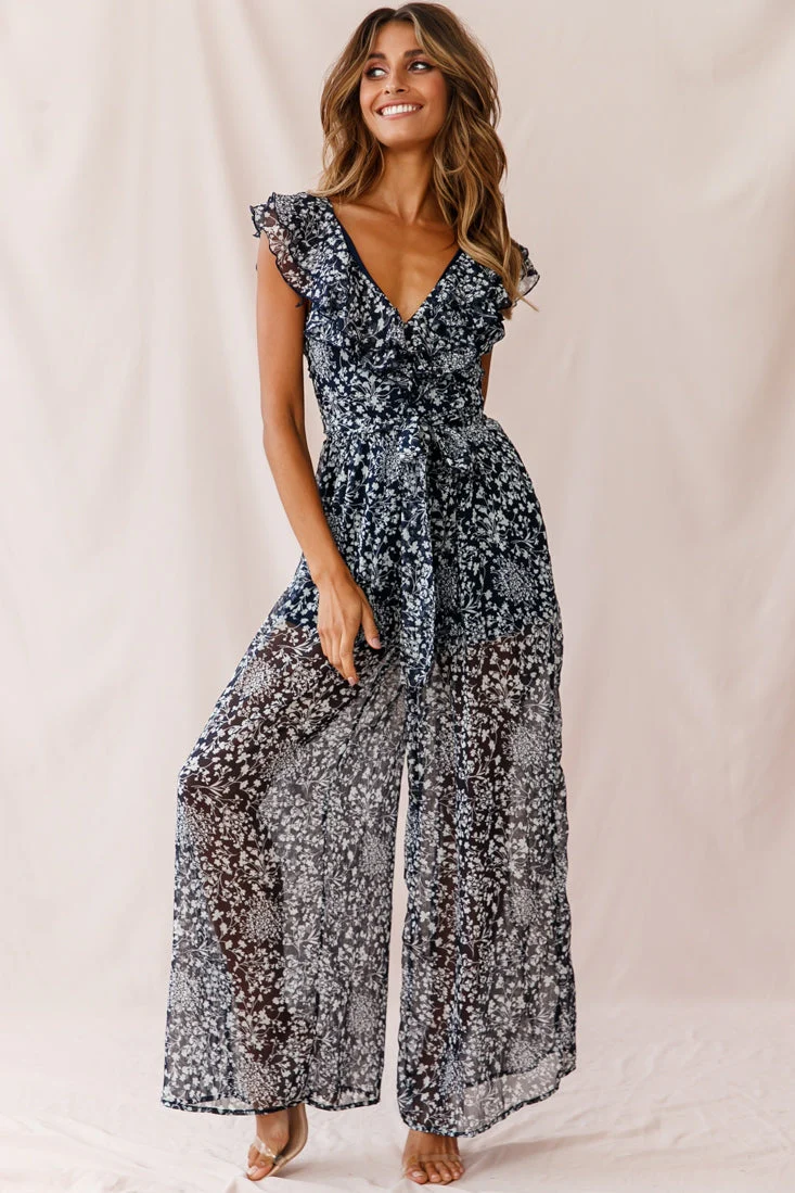 Marcia Ruffle Strap Wide Leg Jumpsuit Navy/White - Image 6