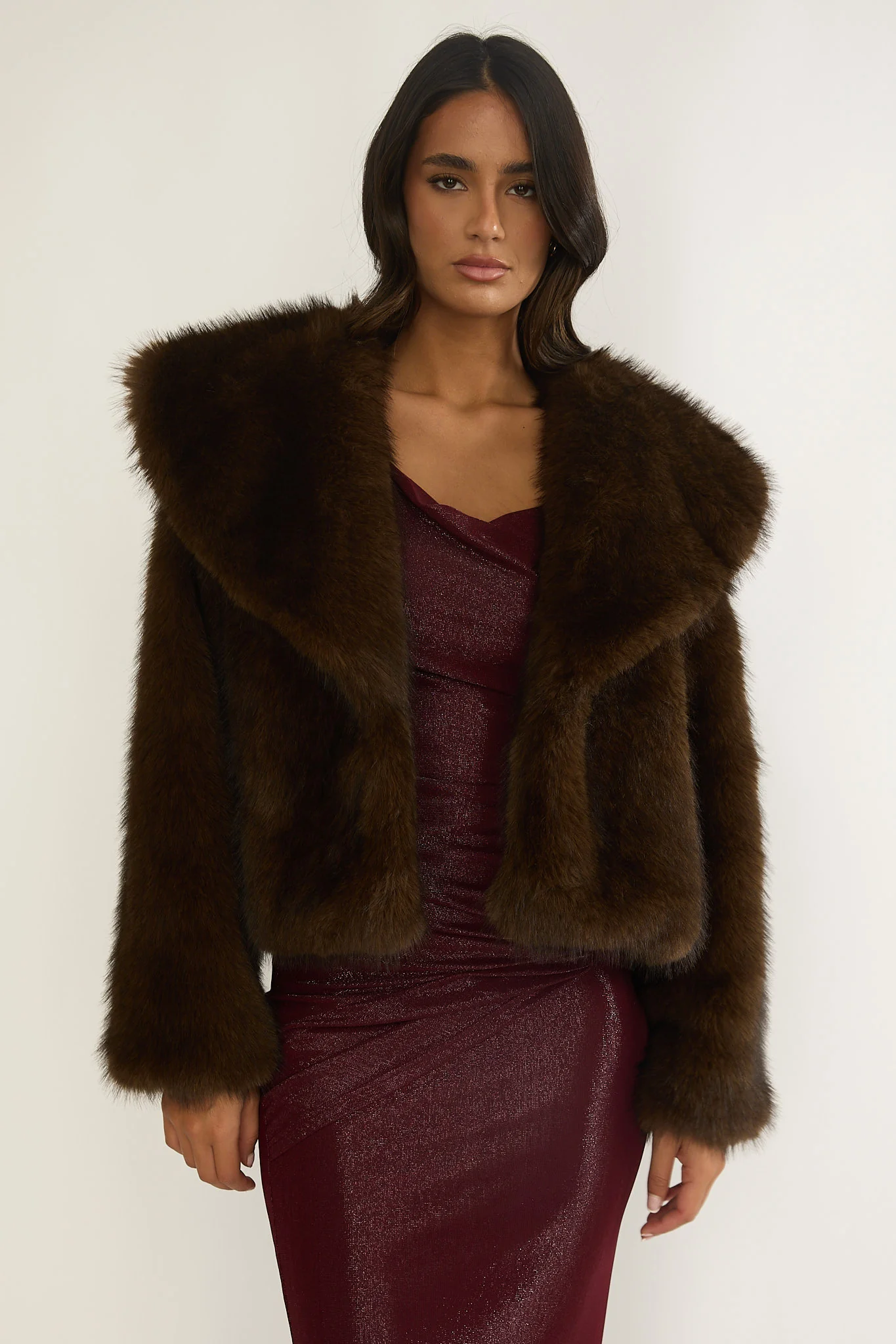 Marella Oversized Lapel Faux Fur Jacket Coffee