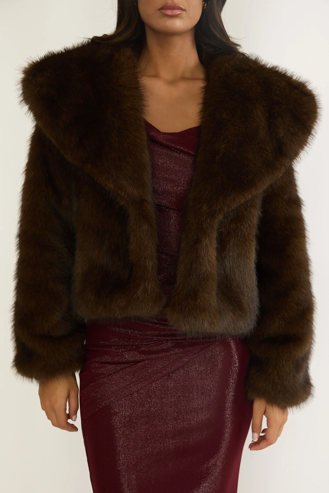 Marella Oversized Lapel Faux Fur Jacket Coffee - Image 3