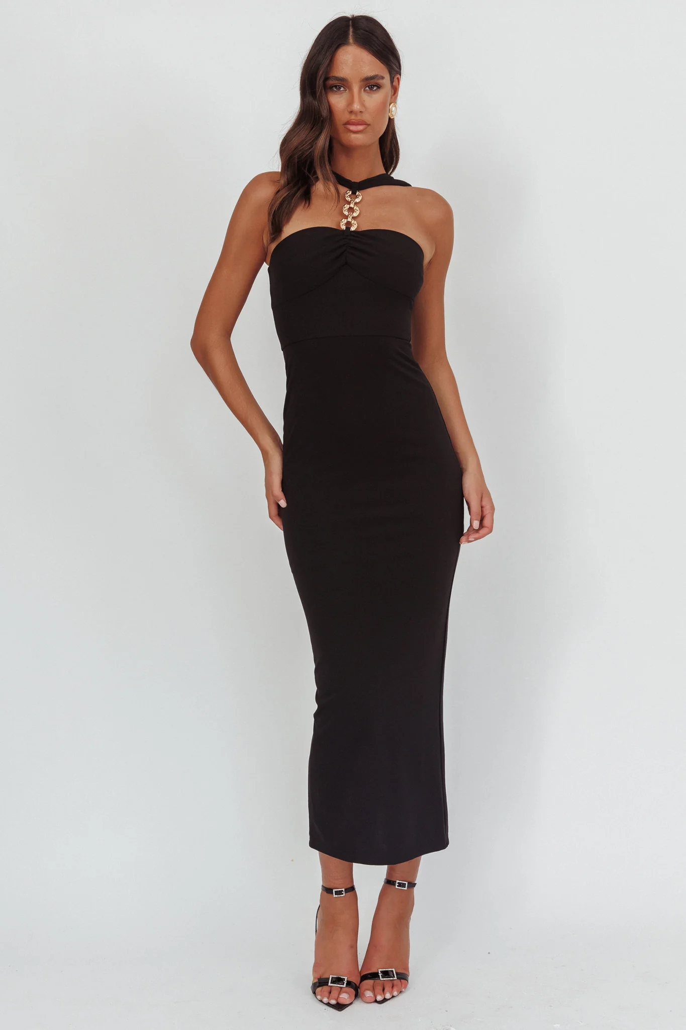Maretha Gold Link Neckline Maxi Dress Black - Image 5