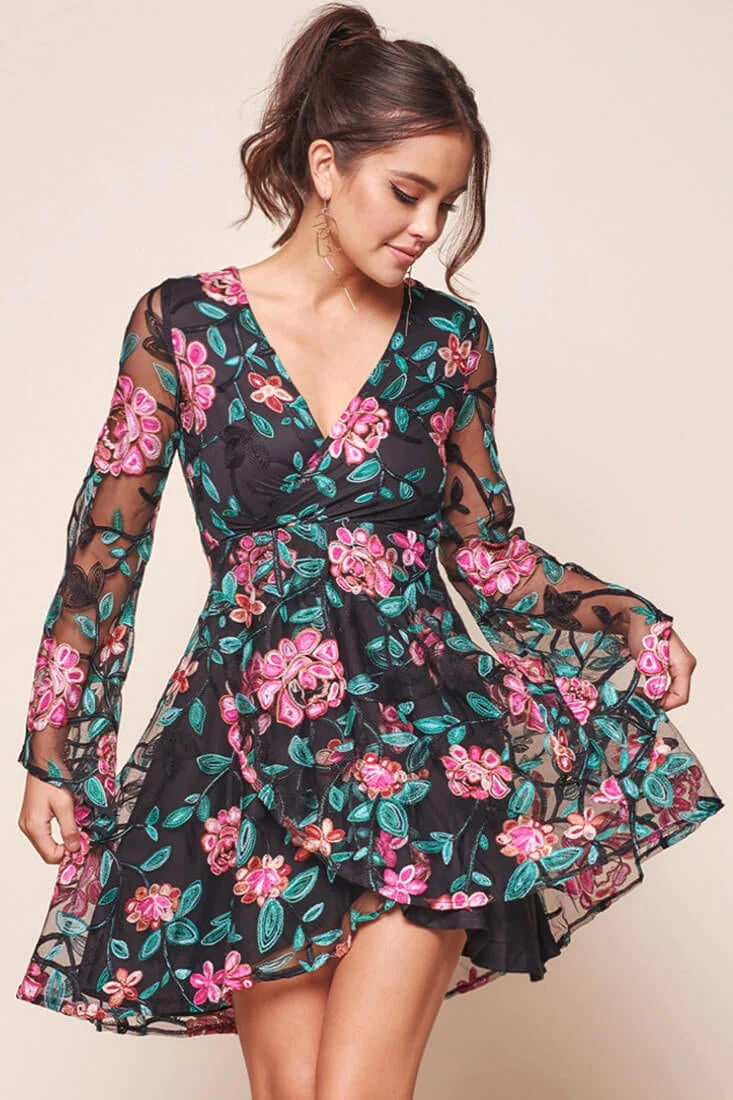 Margot Sheer Embroidered Floral Fit and Flare Dress Black/Pink - Image 6