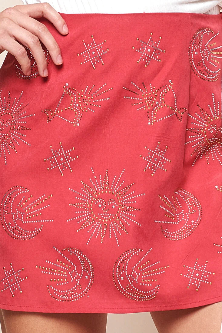 Mari Astrology Embellishment Mini Skirt Red - Image 4