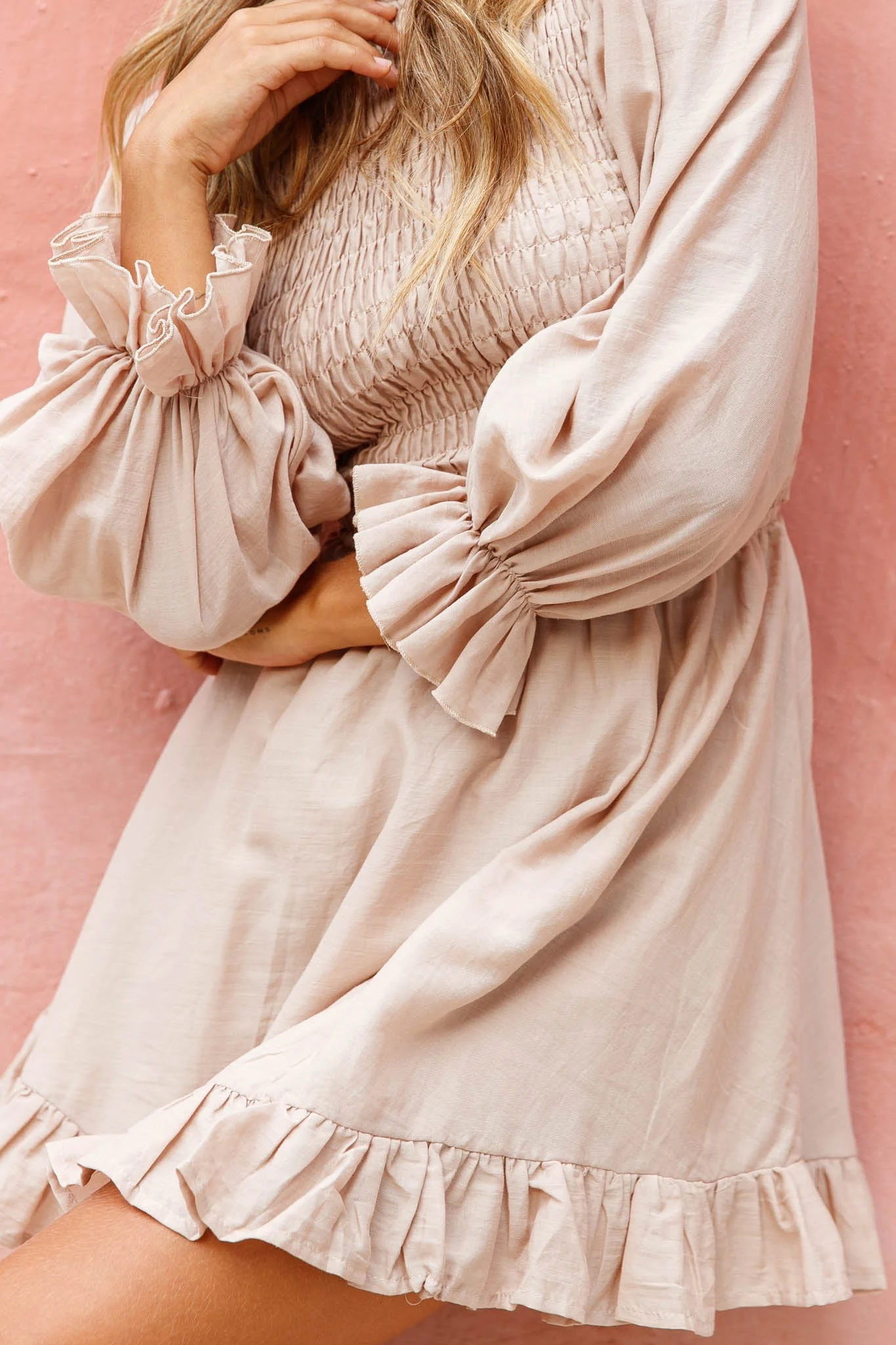 Marianna Long Sleeve Shirred Bust Dress Mocha - Image 7