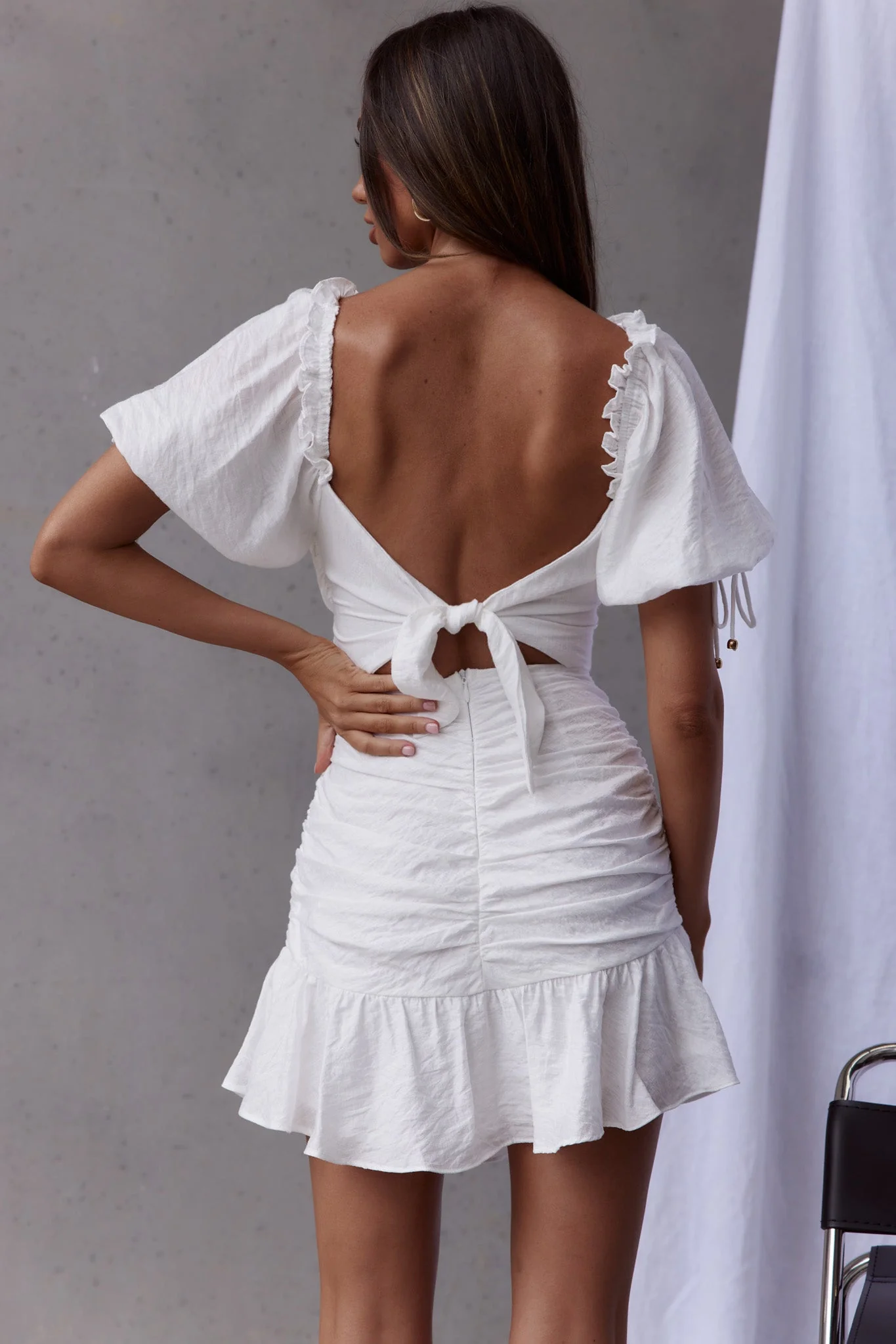Mariel Puff Sleeve Crossover Bust Tied Back Mini Dress White - Image 2