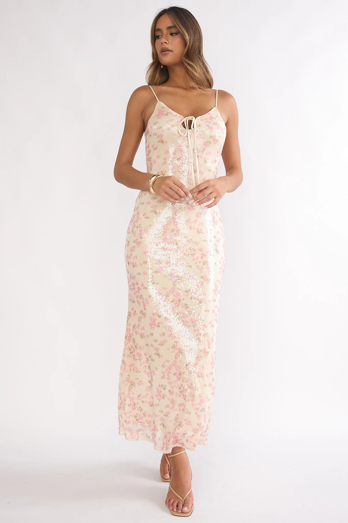 Marielle Bust Tie Sequin Maxi Dress Floral Pink Sage - Image 4