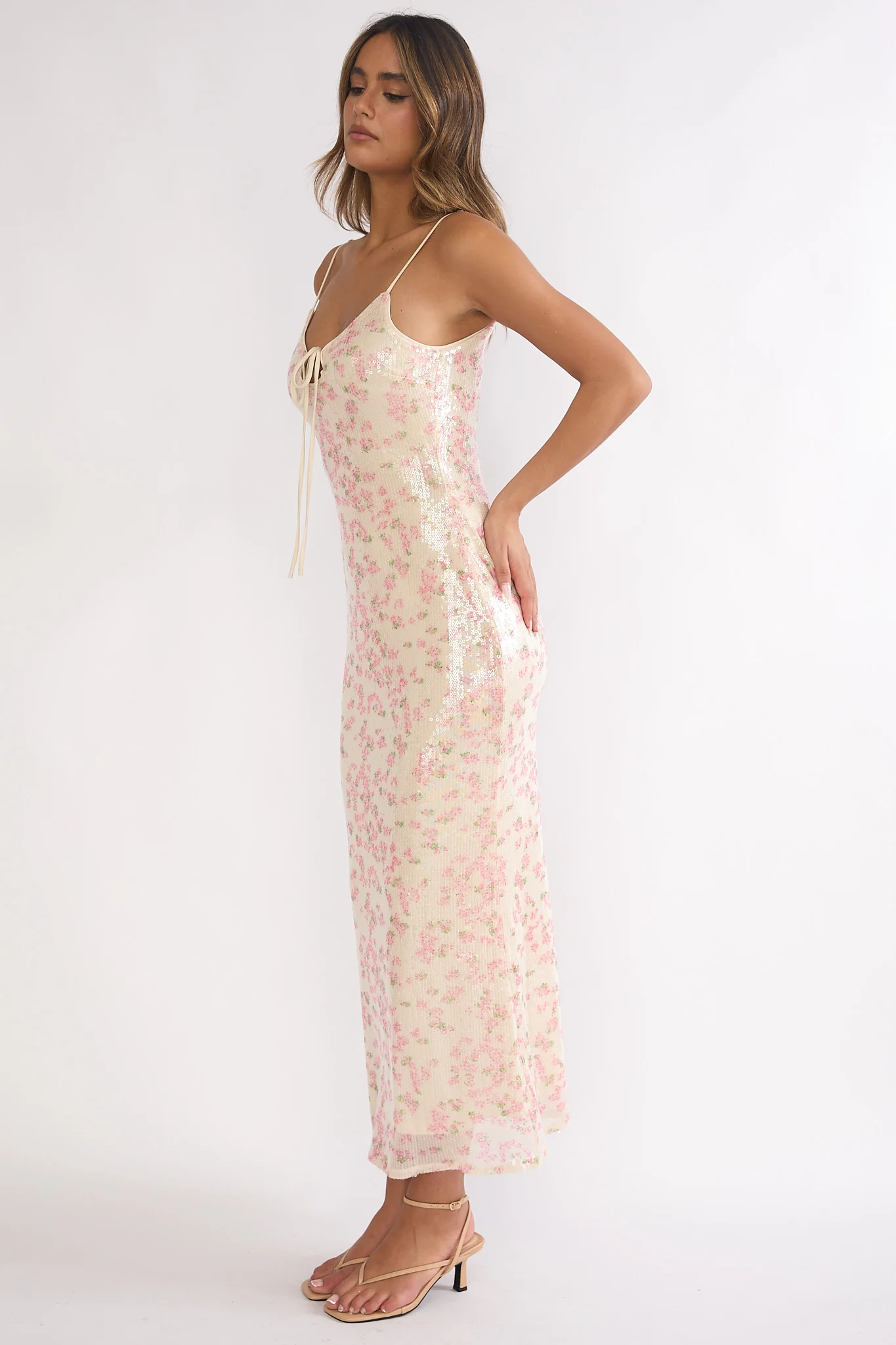 Marielle Bust Tie Sequin Maxi Dress Floral Pink Sage - Image 6