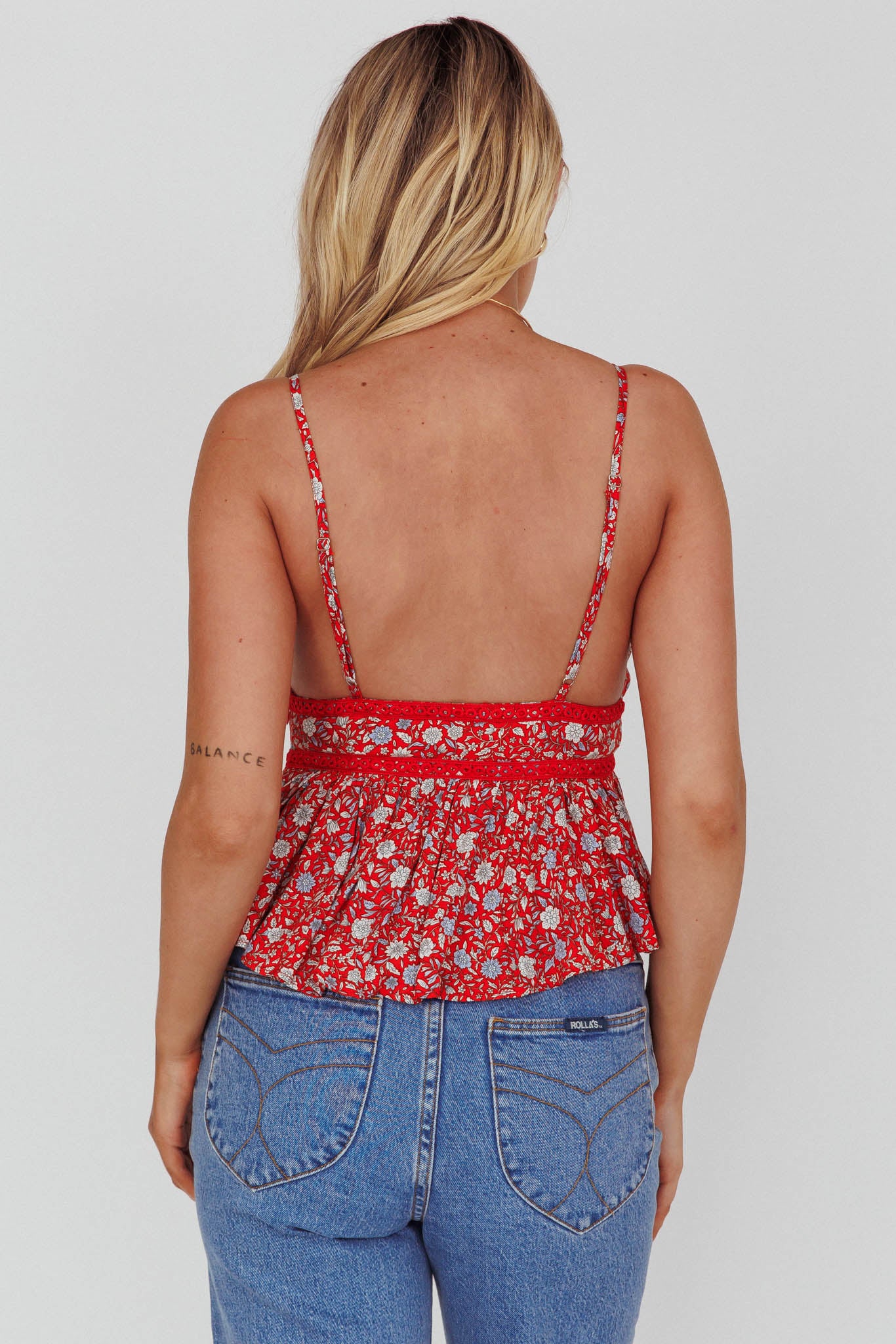 Marigold Crochet Trim Top Floral Red - Image 2