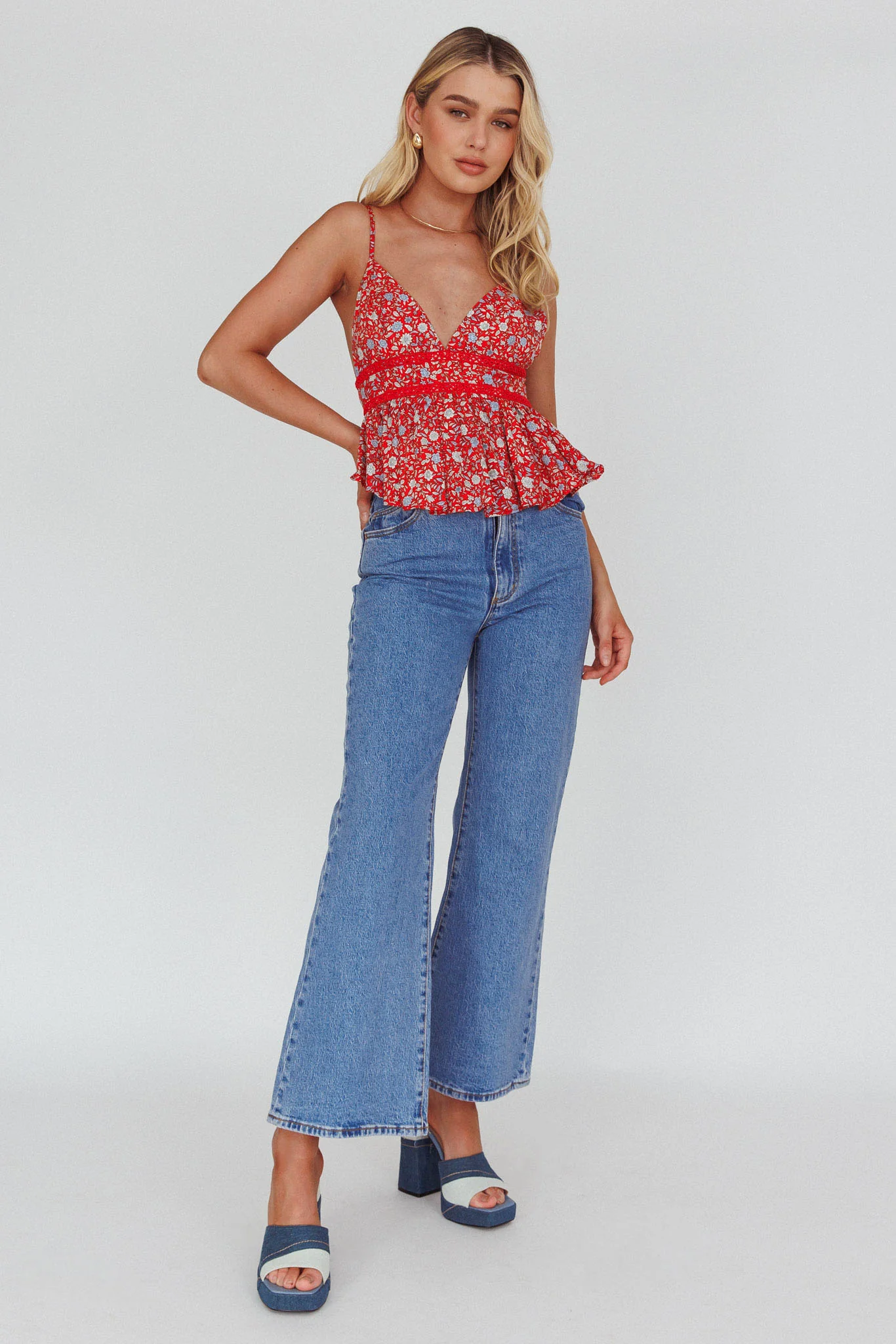 Marigold Crochet Trim Top Floral Red - Image 3