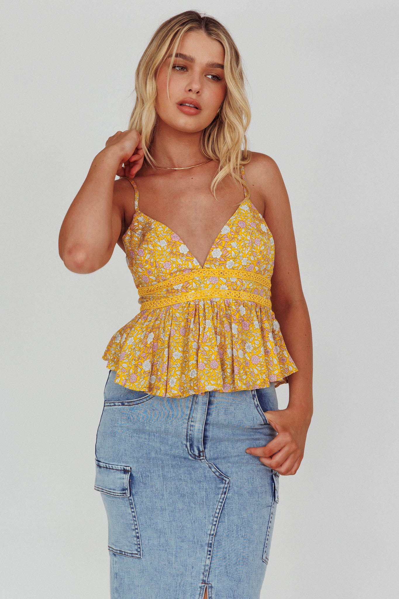 Marigold Crochet Trim Top Floral Yellow - Image 5
