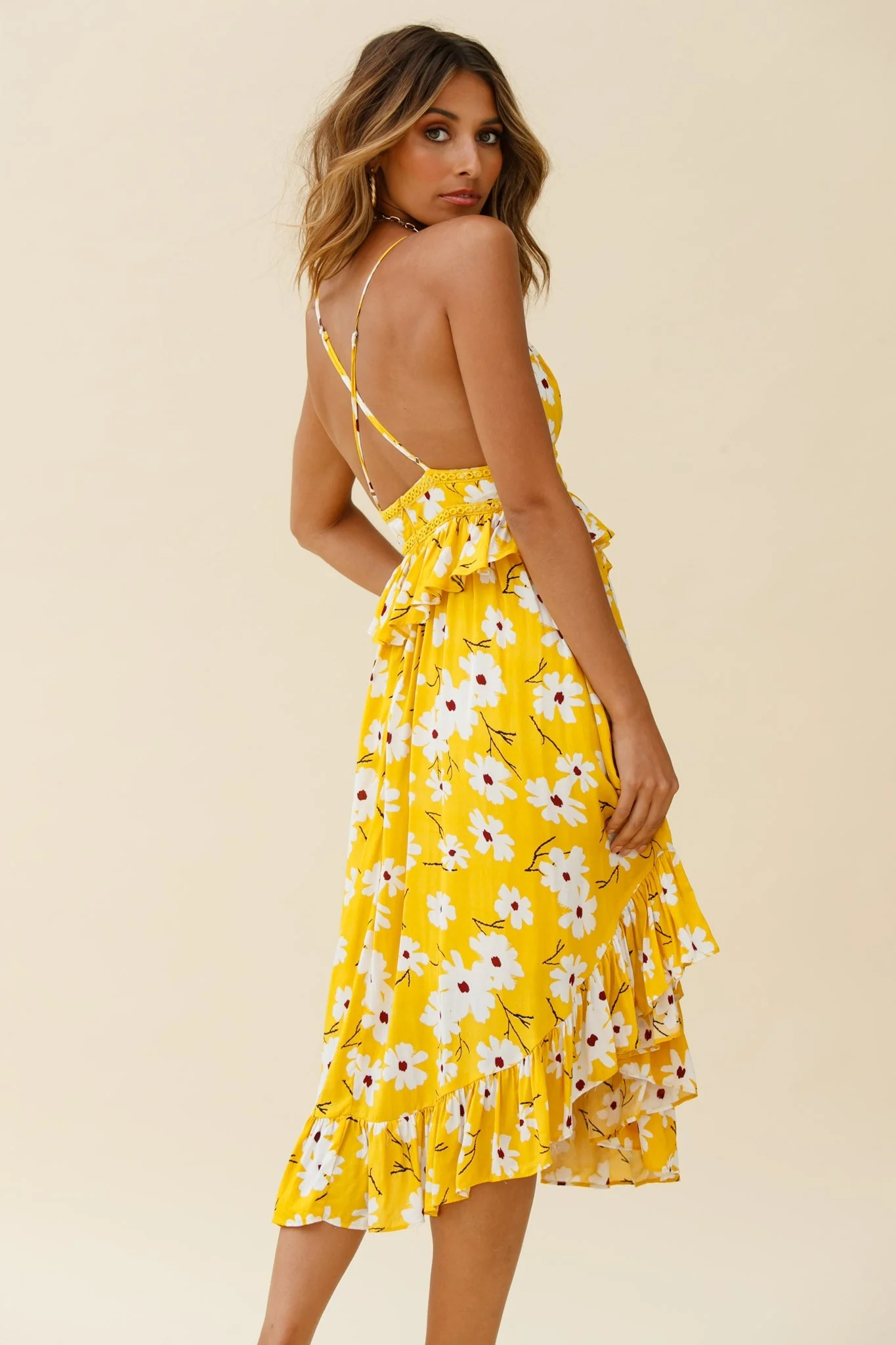 Marigold Peplum Midi Ruffle Dress Floral Print Yellow - Image 3