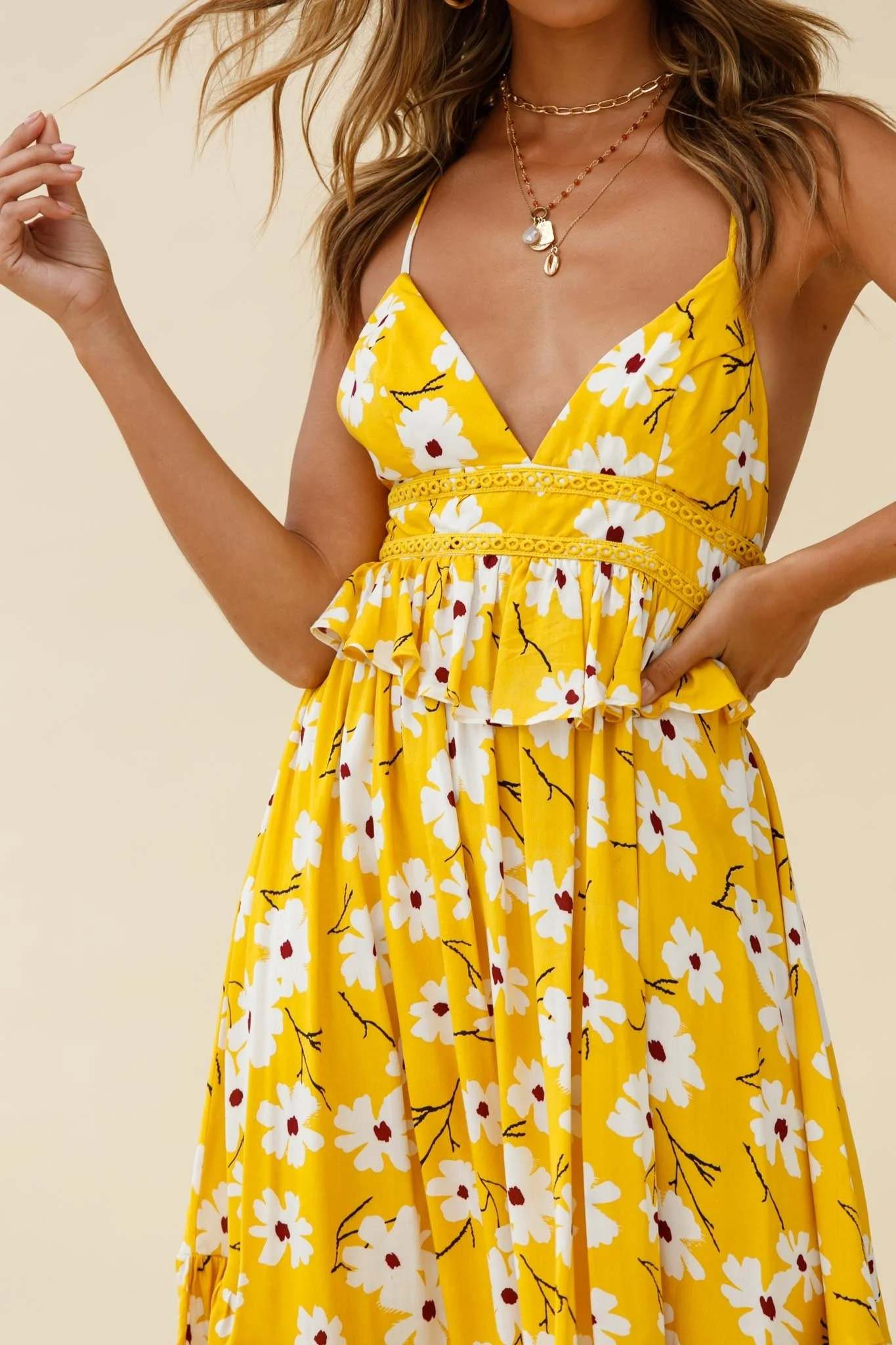Marigold Peplum Midi Ruffle Dress Floral Print Yellow - Image 4