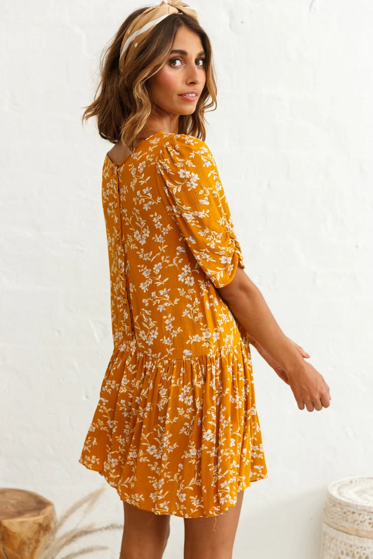 Marika Dropped Waist Short Sleeve Shift Dress Floral Print Mustard - Image 3