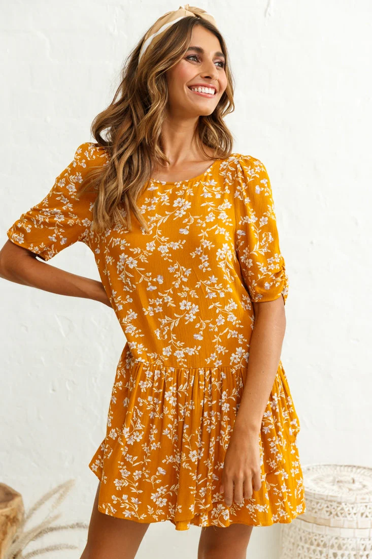Marika Dropped Waist Short Sleeve Shift Dress Floral Print Mustard - Image 6