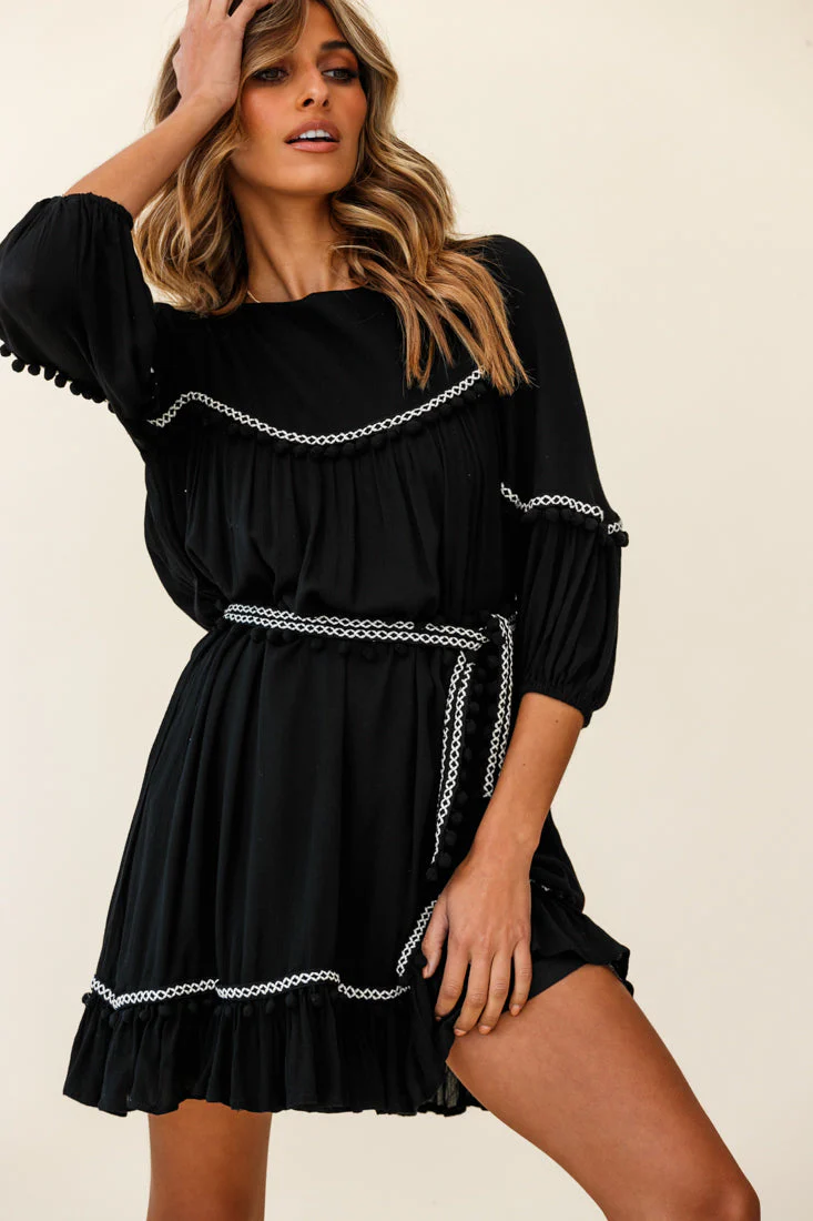 Marionette Three-Quarter Sleeve Pom-Pom Dress Black - Image 7