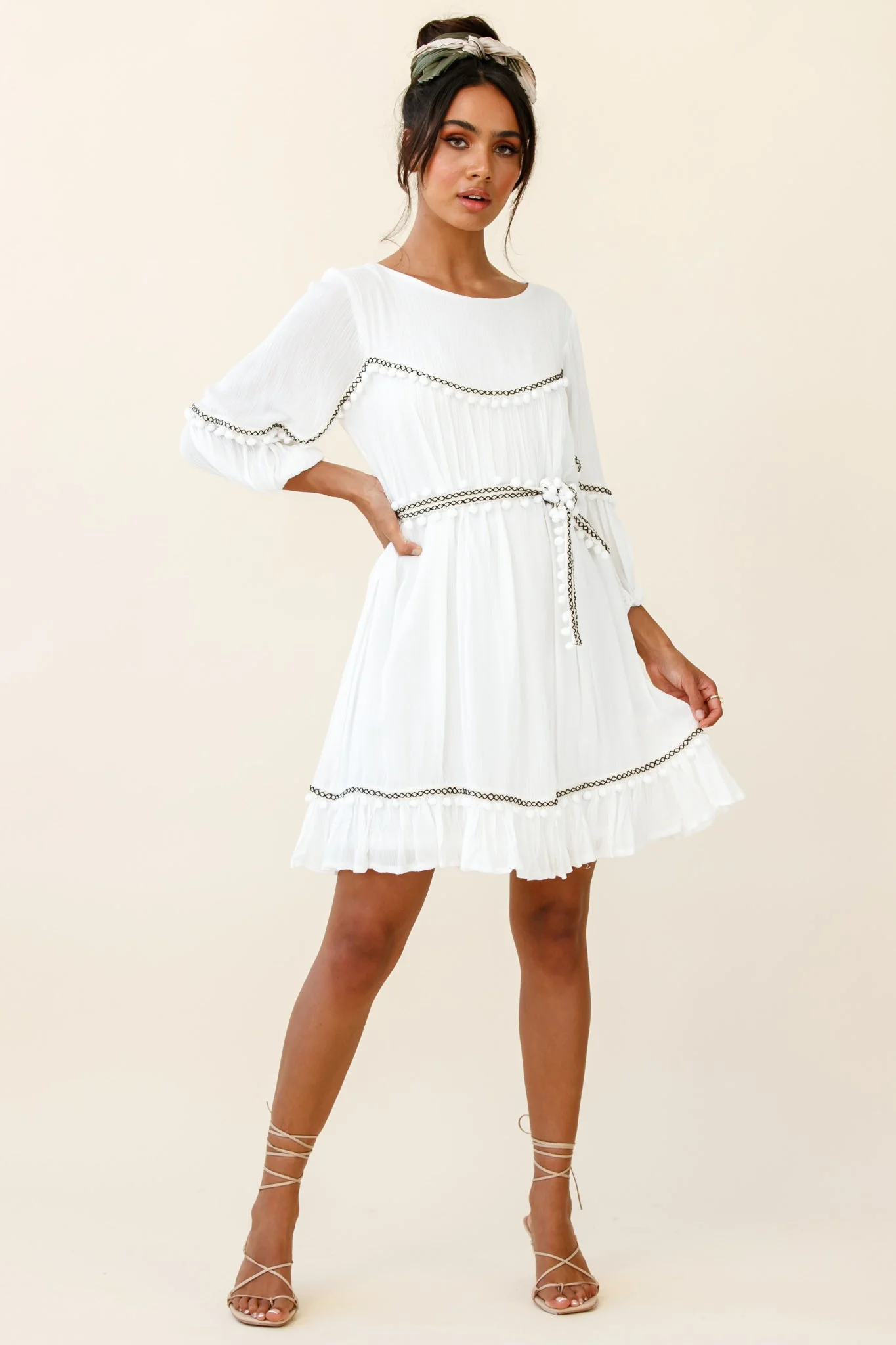 Marionette Three-Quarter Sleeve Pom-Pom Dress White - Image 2