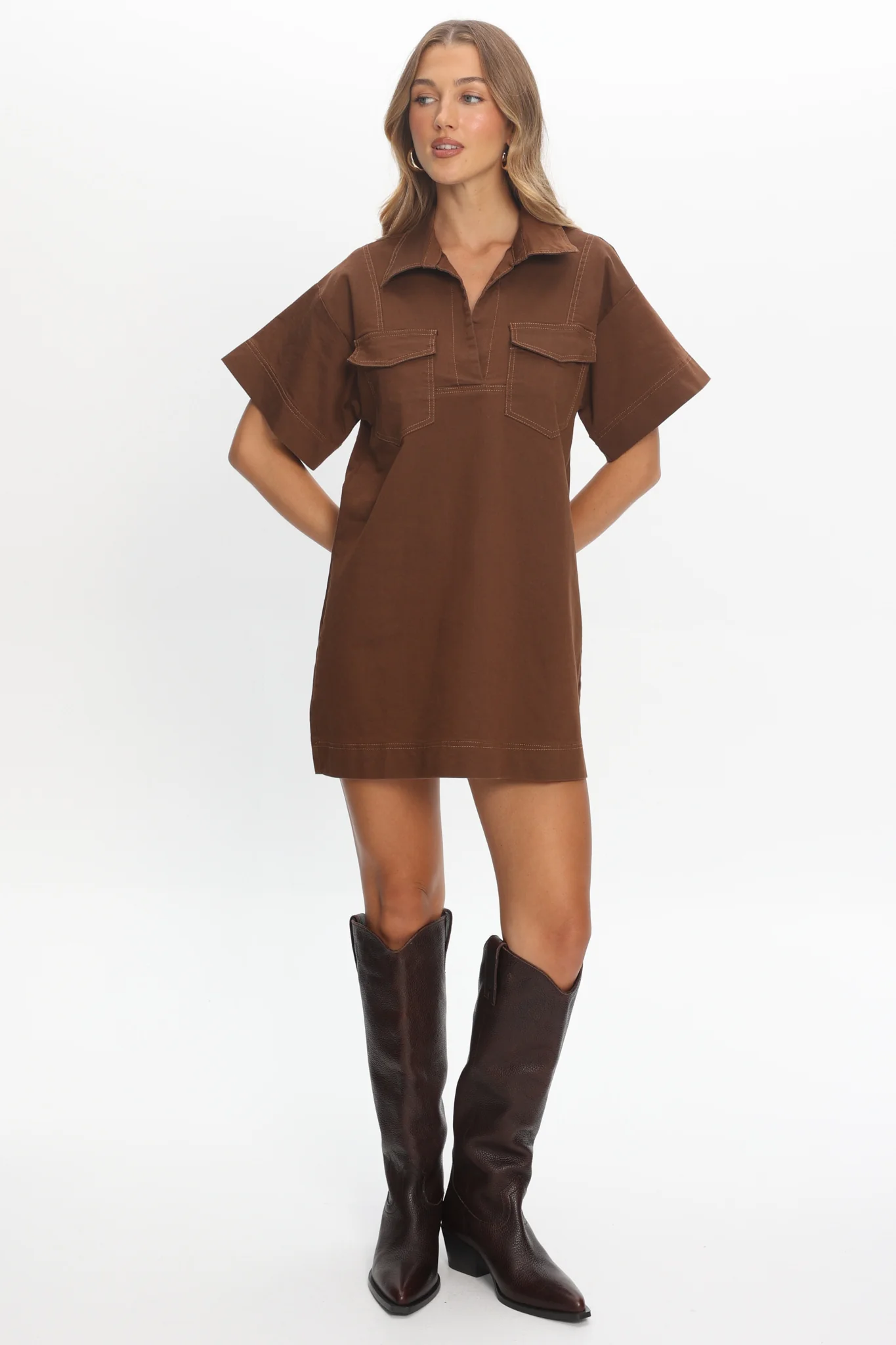 Mariska Collared Mini Dress Chocolate - Image 2