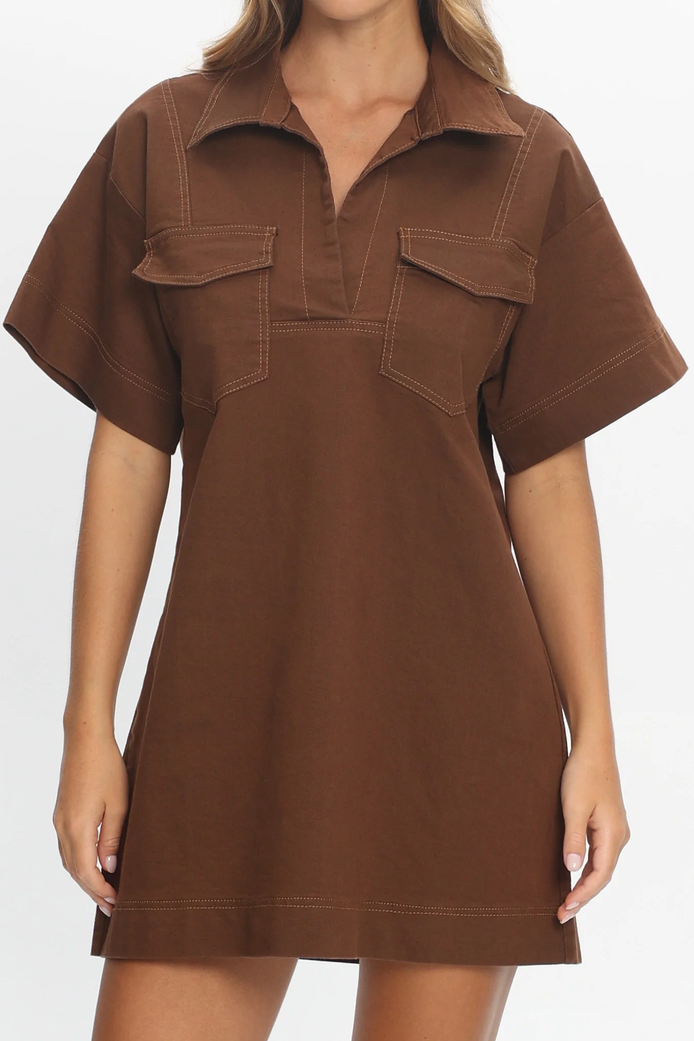Mariska Collared Mini Dress Chocolate - Image 4