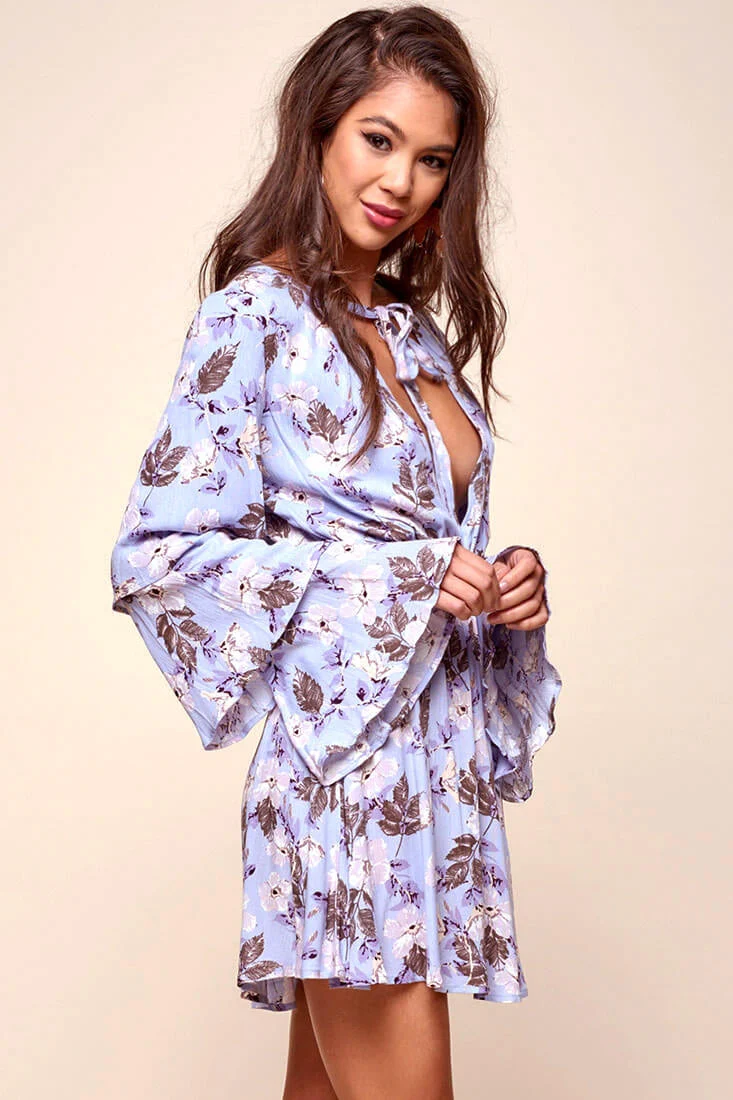 Marisol Deep V Tiered Bell Sleeve Dress Blue - Image 4