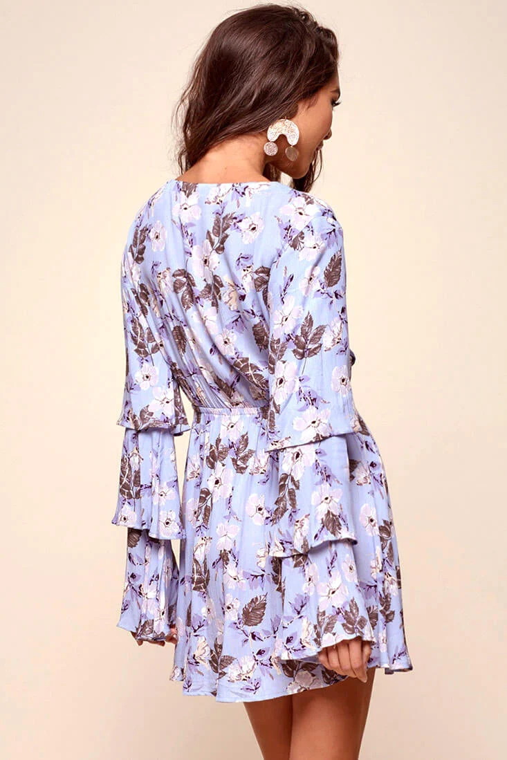 Marisol Deep V Tiered Bell Sleeve Dress Blue - Image 5