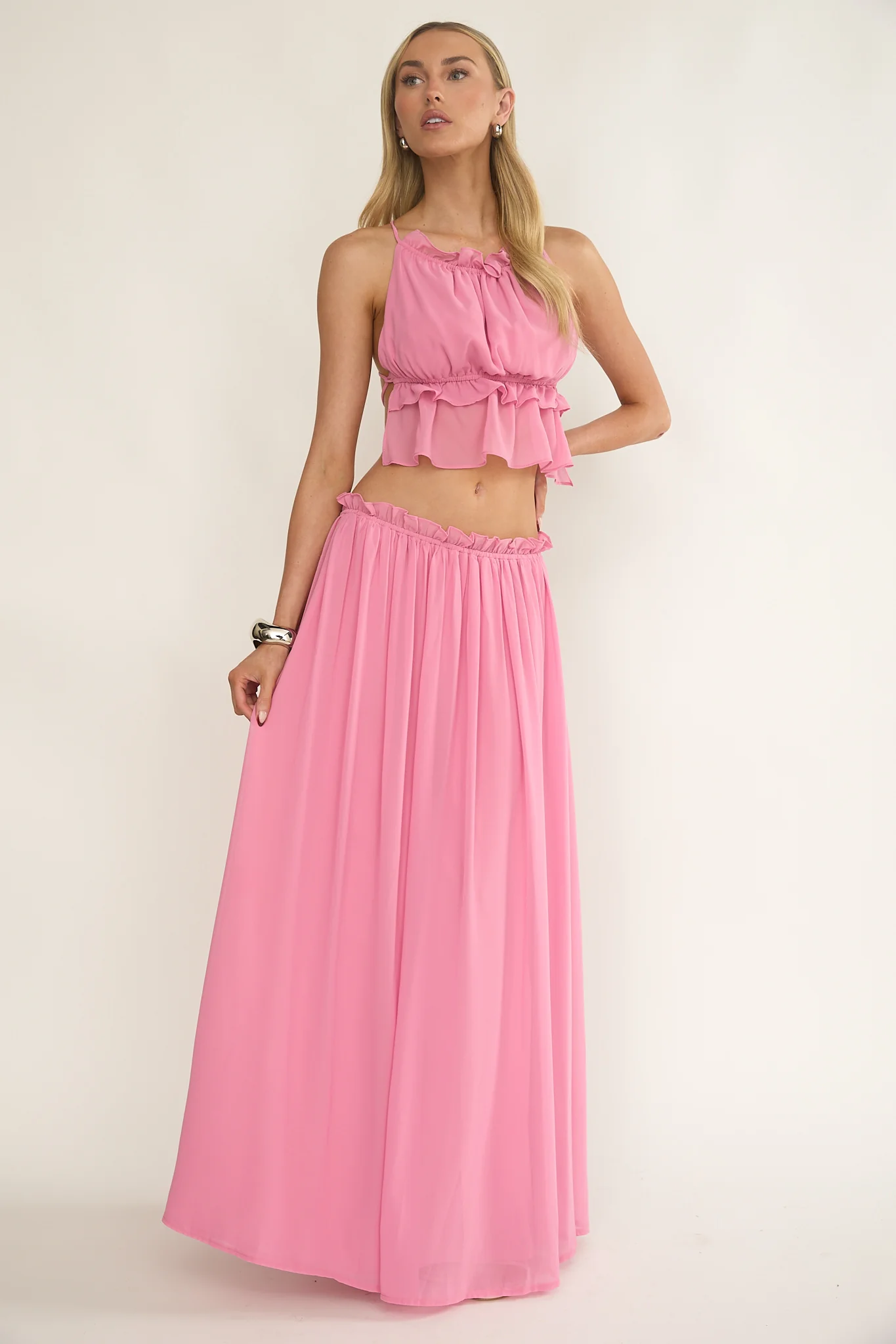 Marivelle Frill Trim Maxi Skirt Pink