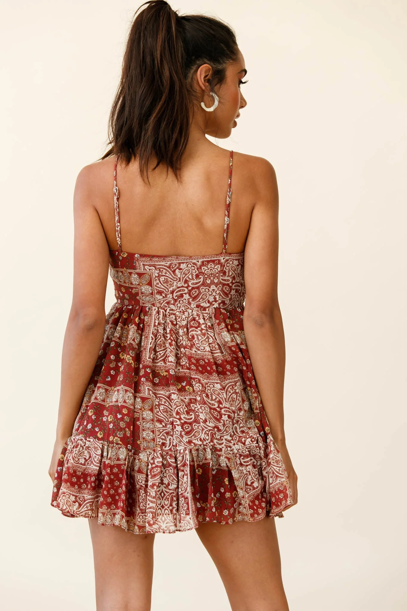 Marja Cami Strap Shirred Baby Doll Dress Paisley Print Burgundy - Image 3
