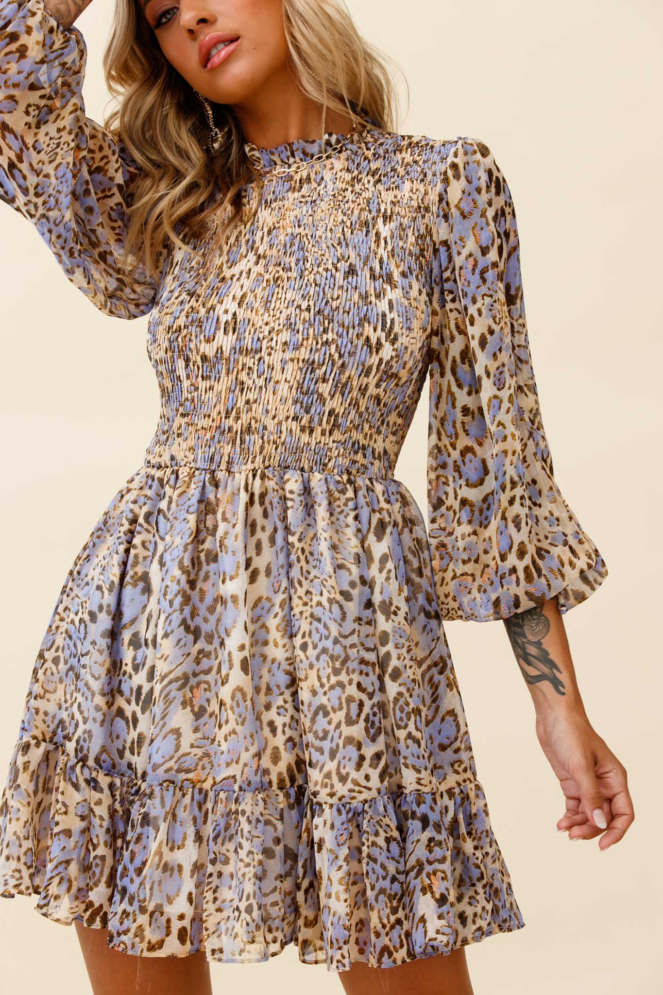 Marja Long Balloon Sleeve Shirred Baby Doll Dress Leopard Print Blue - Image 4