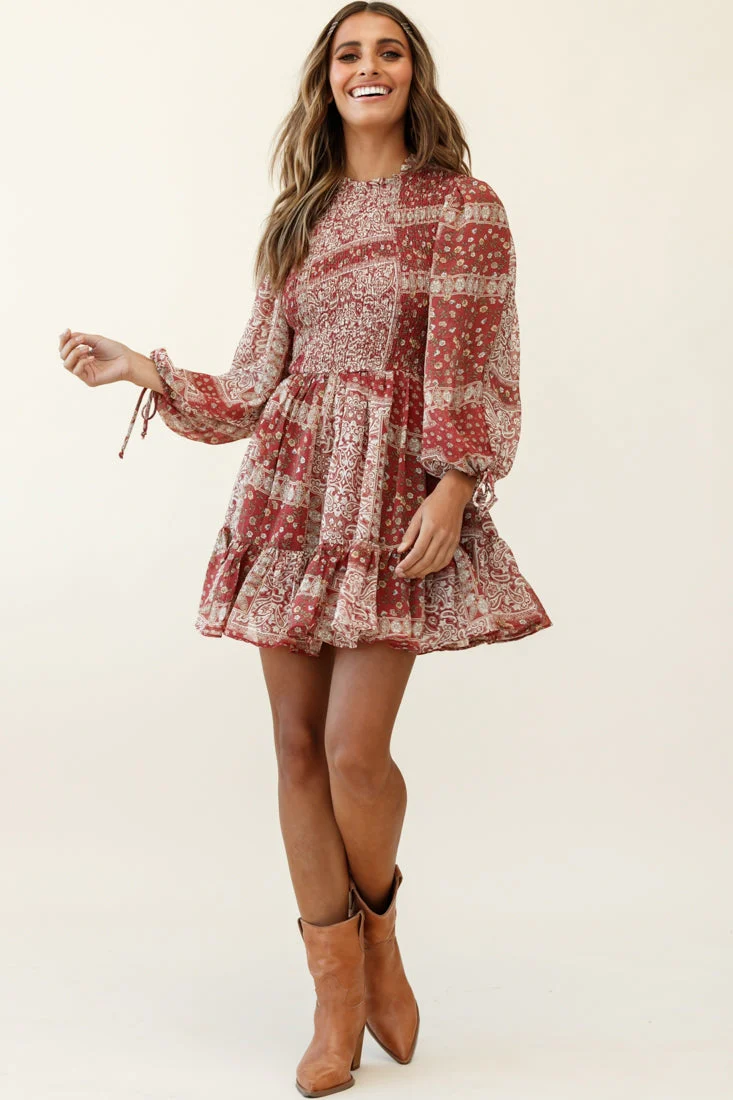 Marja Long Balloon Sleeve Shirred Dress Paisley Print Burgundy - Image 2
