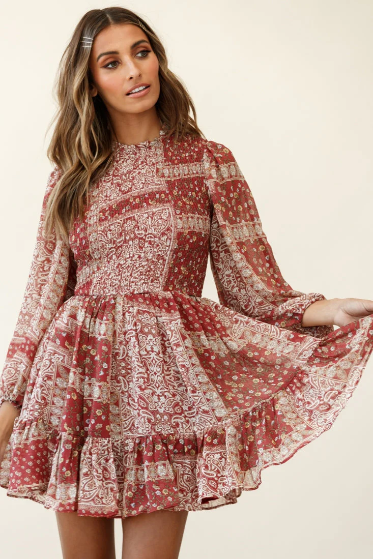 Marja Long Balloon Sleeve Shirred Dress Paisley Print Burgundy - Image 4
