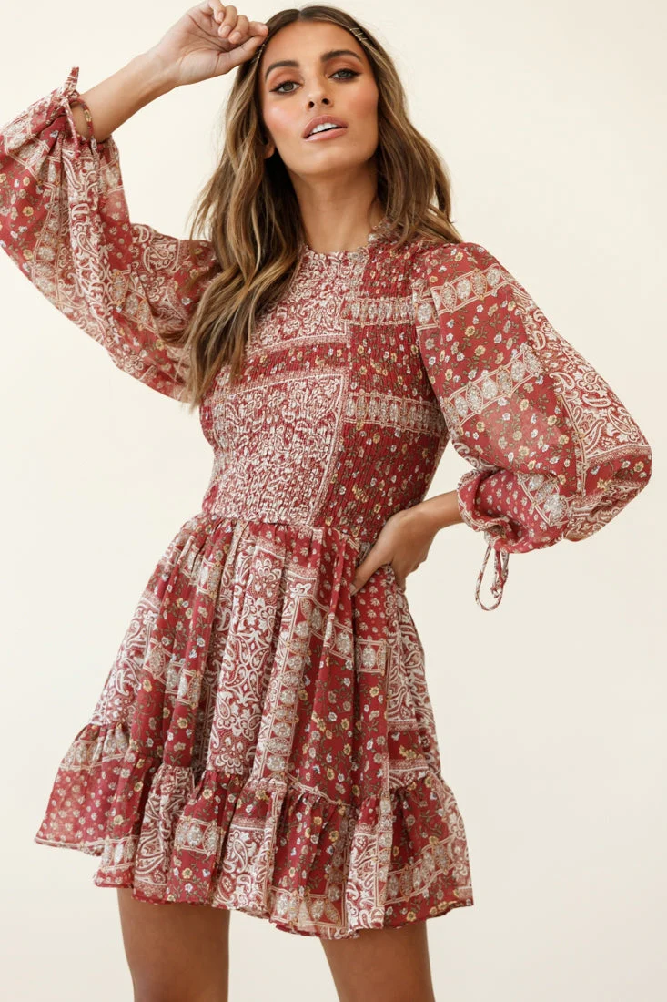 Marja Long Balloon Sleeve Shirred Dress Paisley Print Burgundy - Image 5