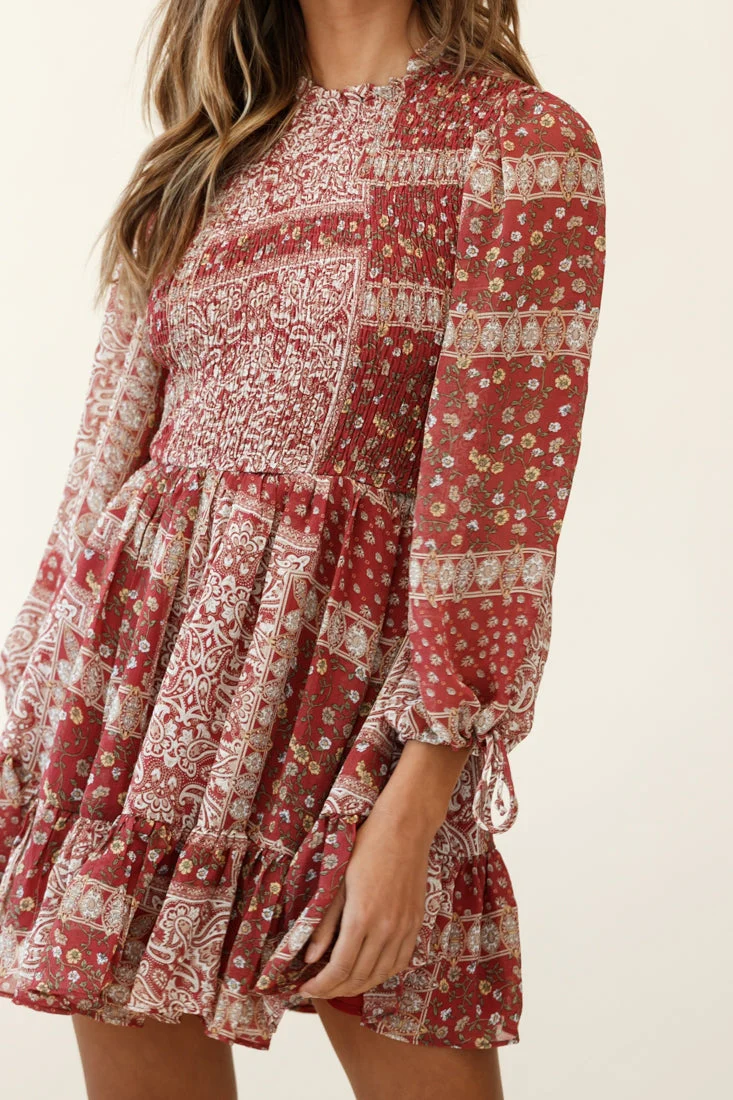 Marja Long Balloon Sleeve Shirred Dress Paisley Print Burgundy - Image 6