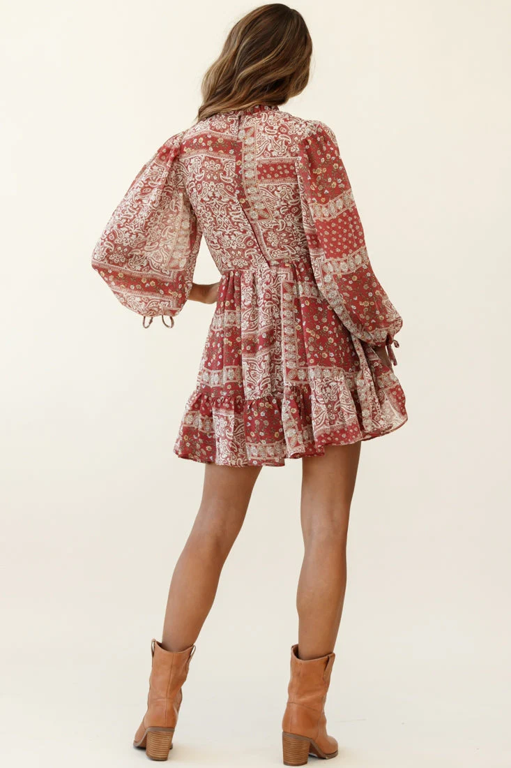 Marja Long Balloon Sleeve Shirred Dress Paisley Print Burgundy - Image 7