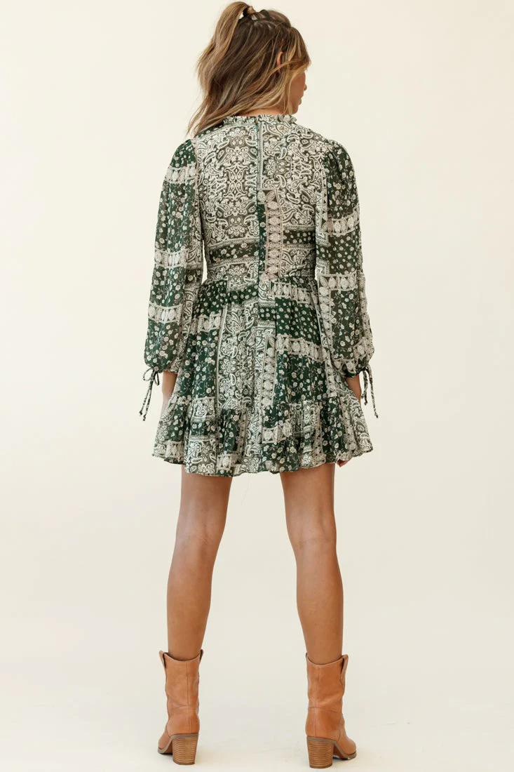 Marja Long Balloon Sleeve Shirred Dress Paisley Print Forest Green - Image 7