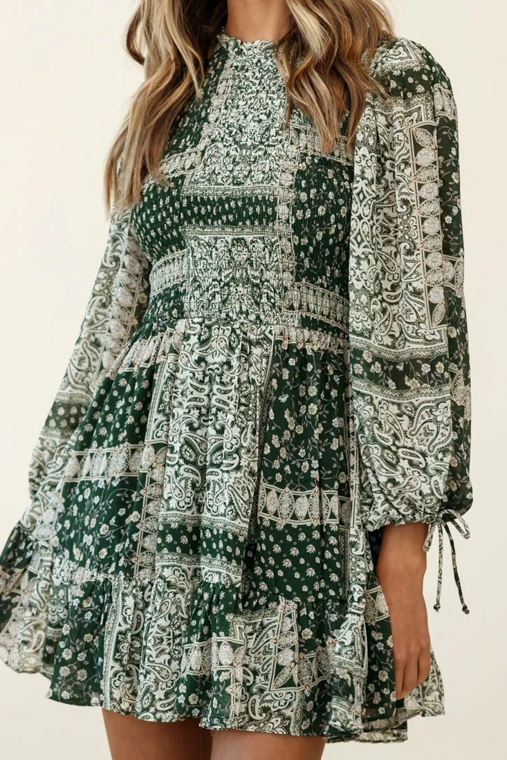 Marja Long Balloon Sleeve Shirred Dress Paisley Print Forest Green - Image 8