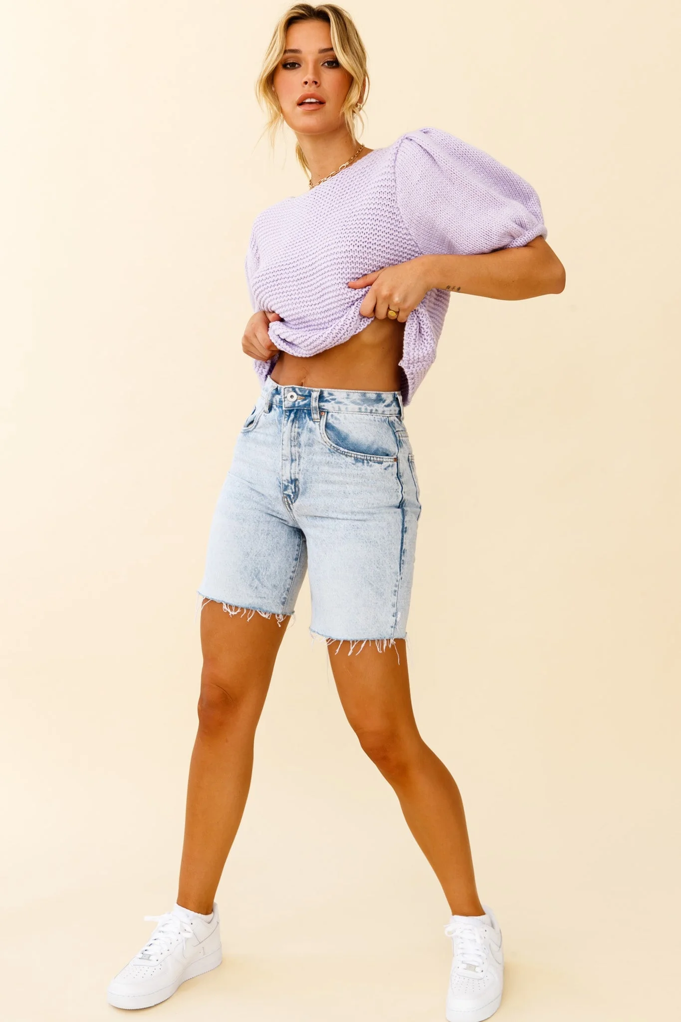 Marla Puff Sleeve Chunky Knit Top Lilac - Image 3