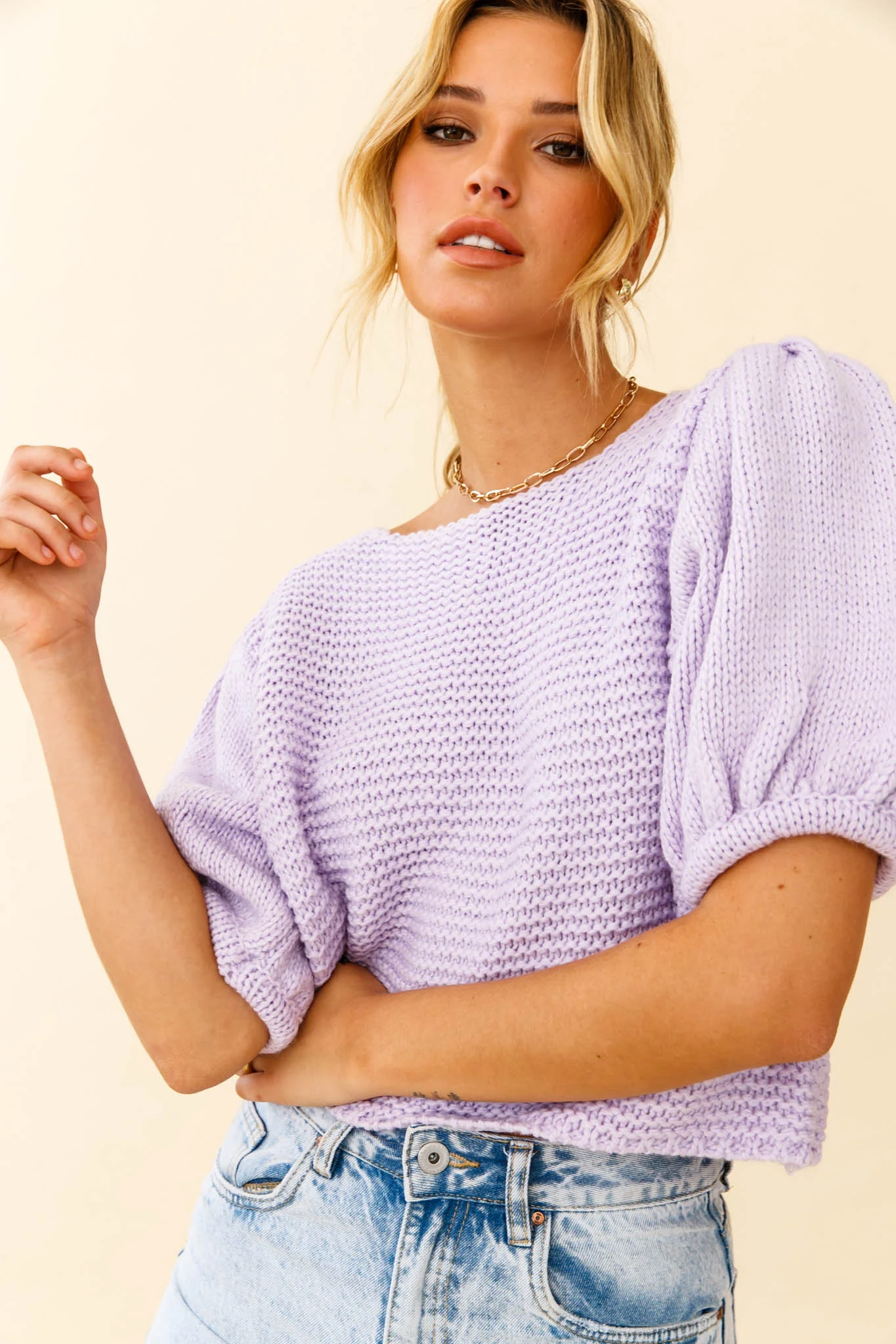 Marla Puff Sleeve Chunky Knit Top Lilac - Image 4