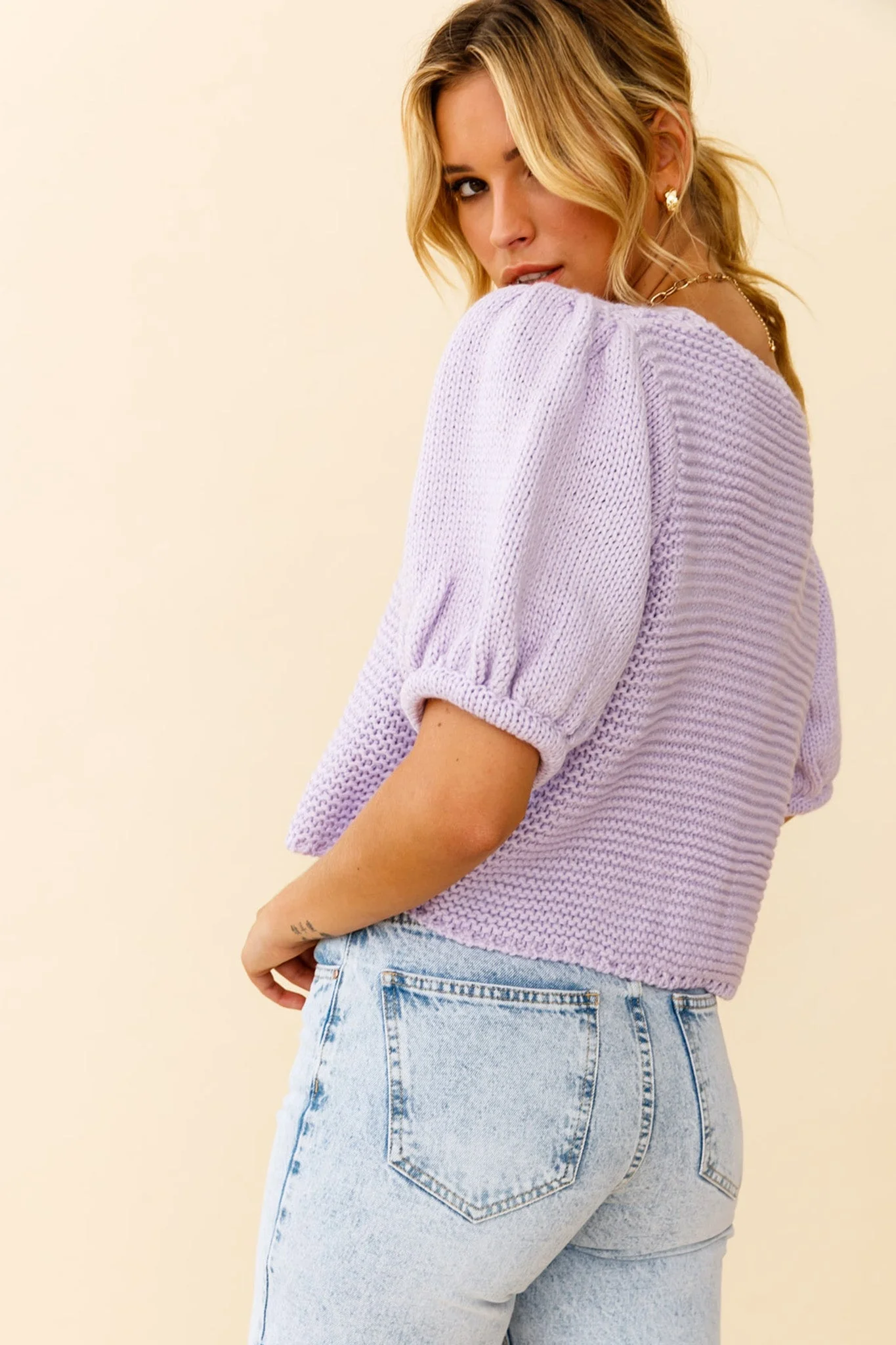 Marla Puff Sleeve Chunky Knit Top Lilac - Image 5
