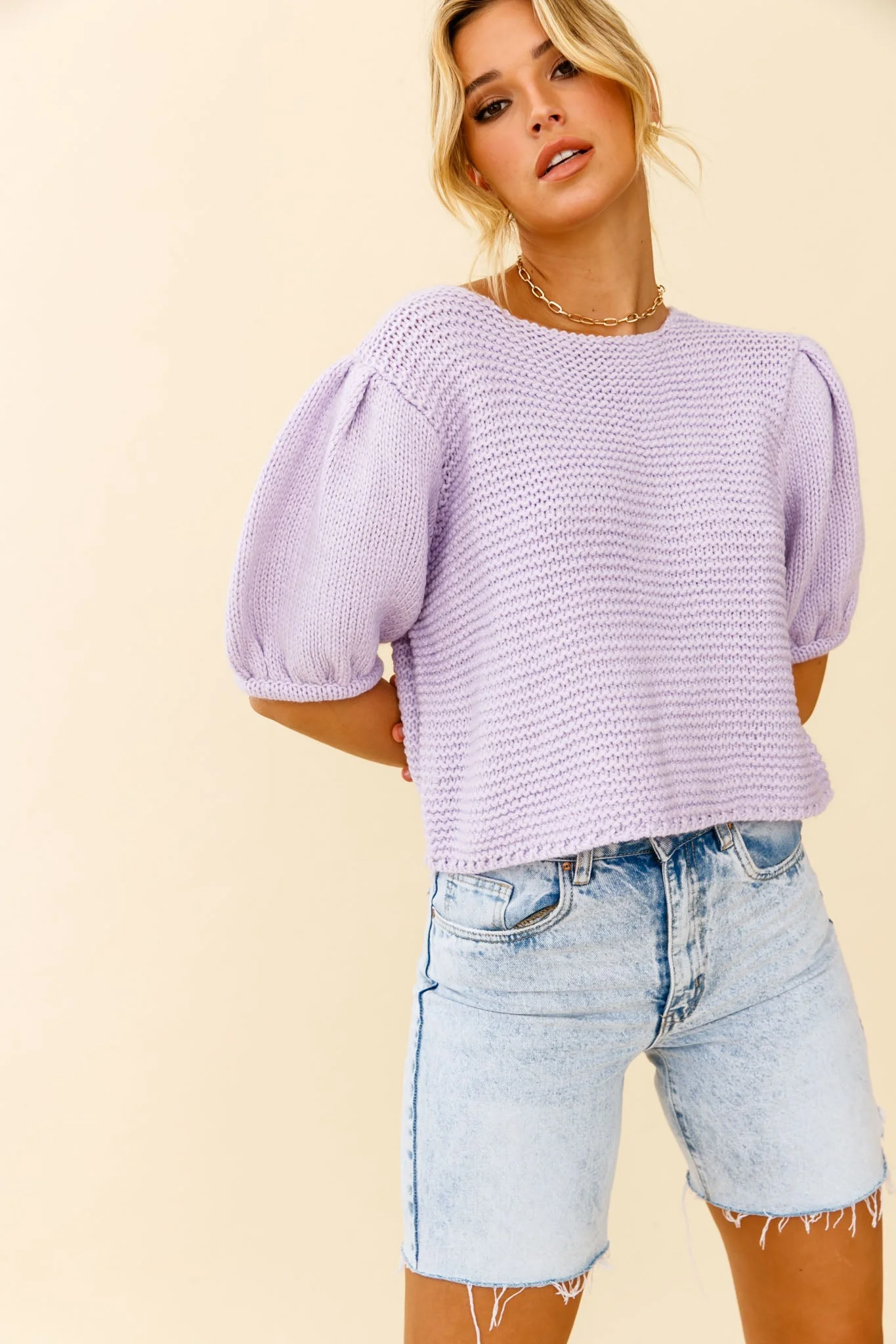 Marla Puff Sleeve Chunky Knit Top Lilac - Image 6