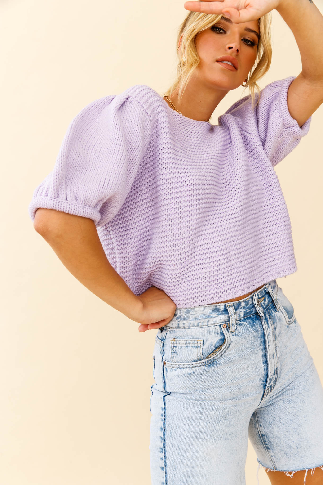 Marla Puff Sleeve Chunky Knit Top Lilac - Image 7