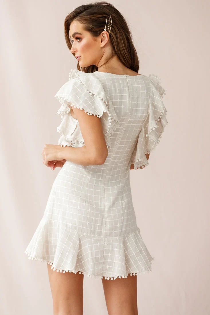 Marlow Double Ruffle Shoulder Dress Square Pattern Beige - Image 4