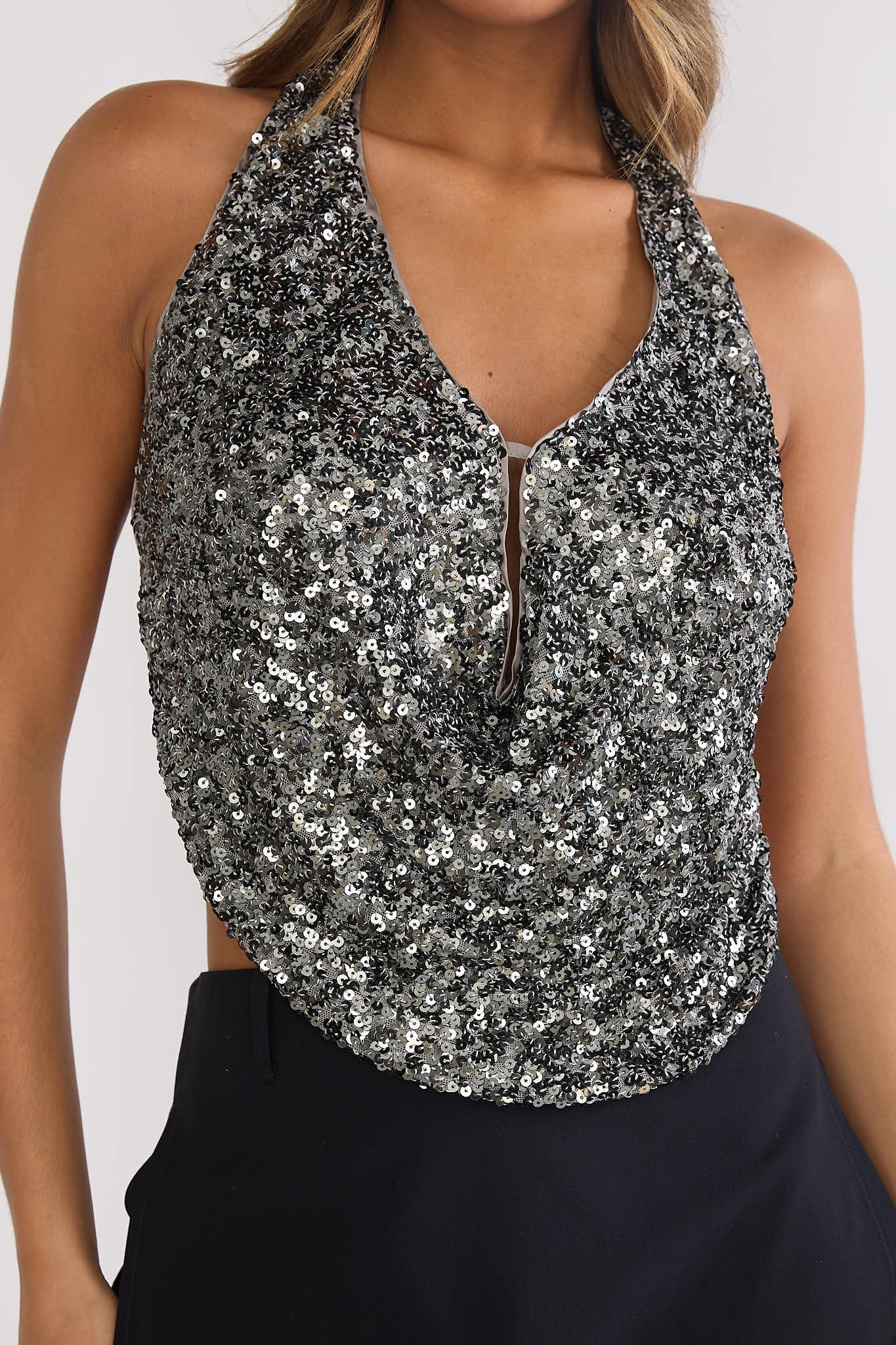 Marquess Backless Halter Top Sequin Gunmetal - Image 3